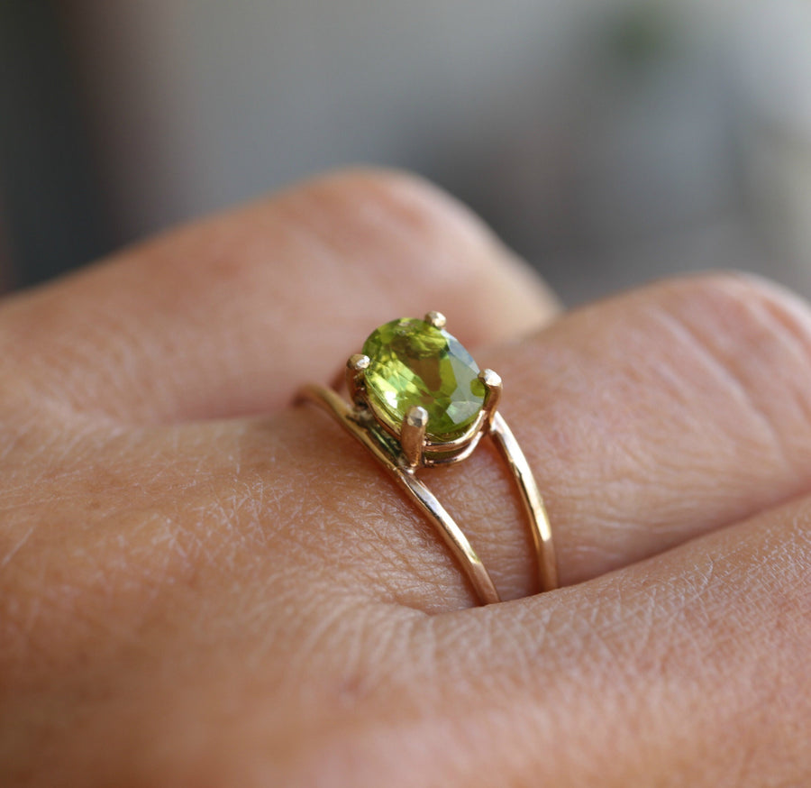 14k Gold Peridot Ring, Oval Engagement Ring, Double Band Ring