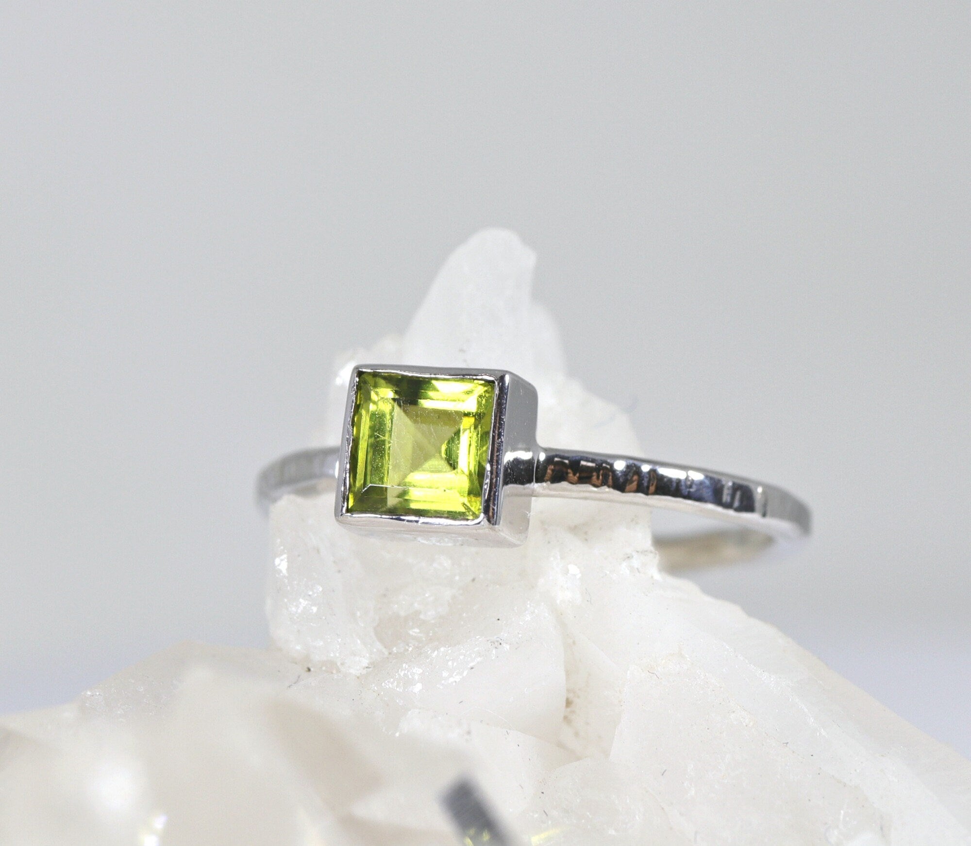 Princess Cut (Square) Peridot Ring, Sterling Silver, 14k White Gold Bezel Setting