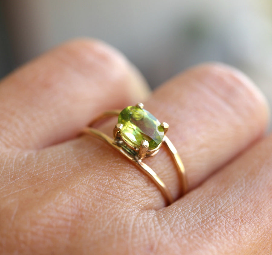 14k Gold Peridot Ring, Oval Engagement Ring, Double Band Ring