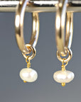 Rose Gold Dangle Hoops with Pearl, Pearl Hoop Earrings