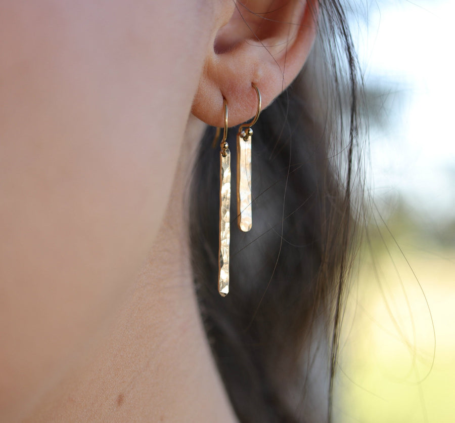 Skinny Hammered Gold Bar Earrings