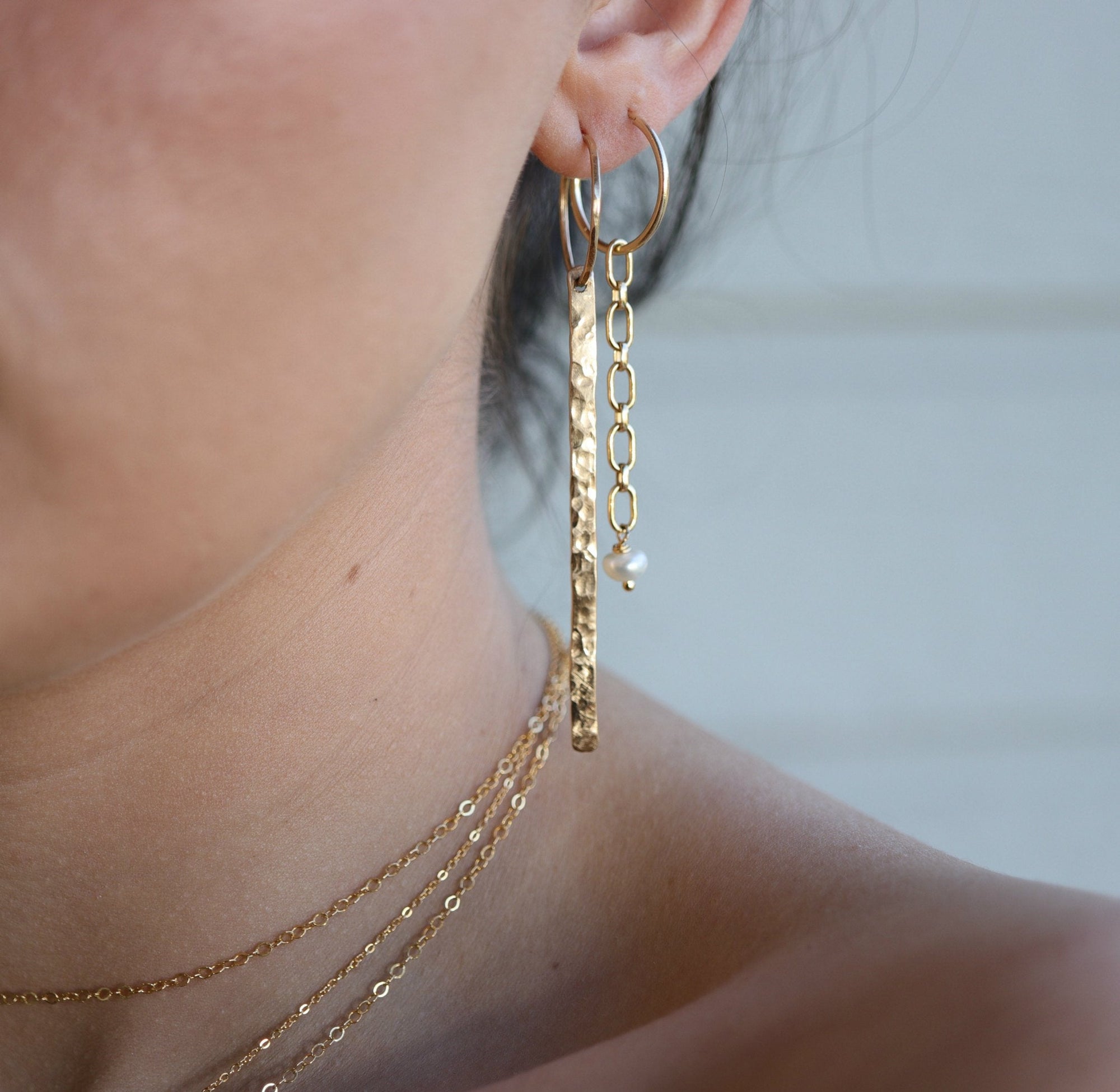 Hammered Gold Long Bar Earrings