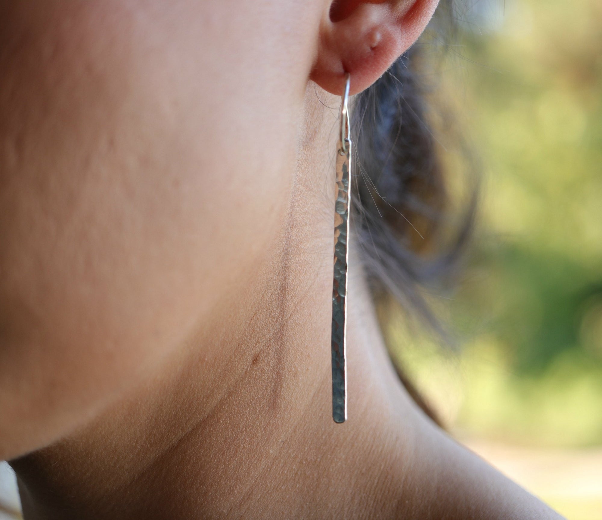 Long Hammered Silver Bar Earrings
