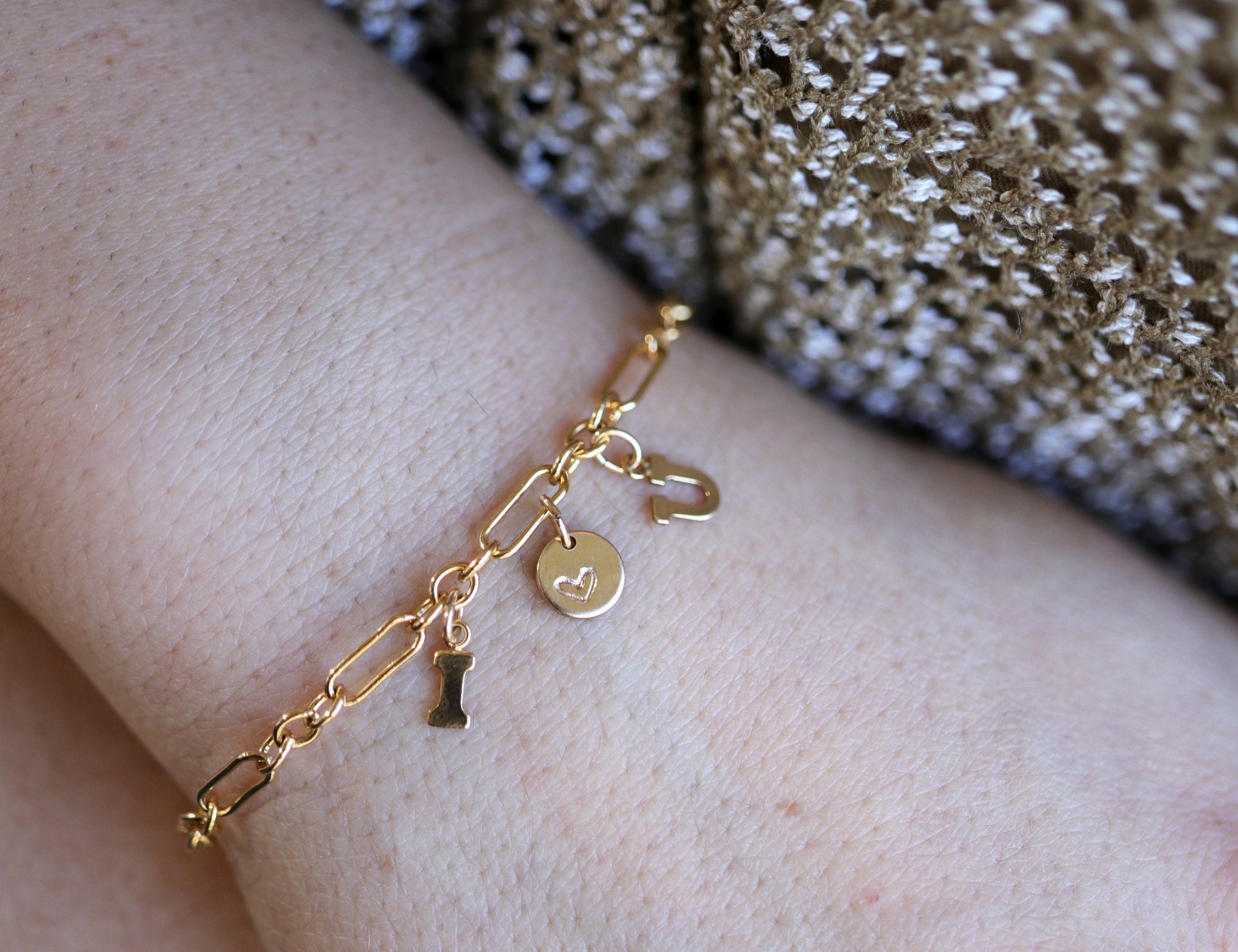 Dainty Gold Initials and Heart Chain Bracelet