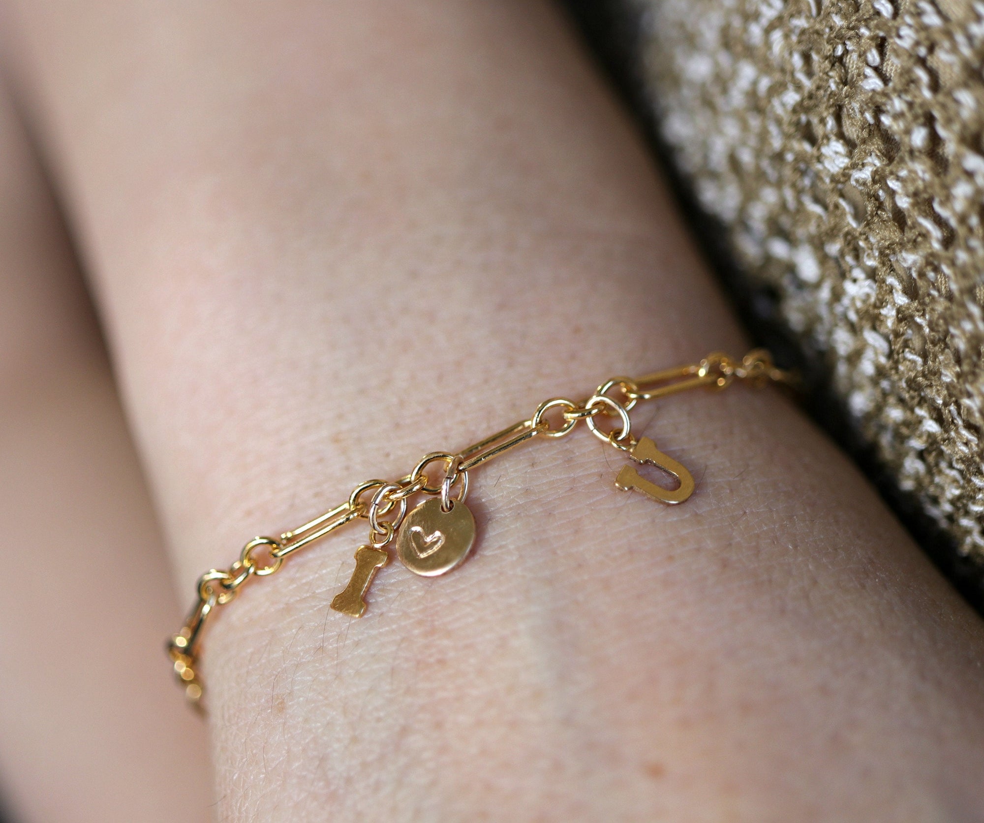 Dainty Gold Initials and Heart Chain Bracelet