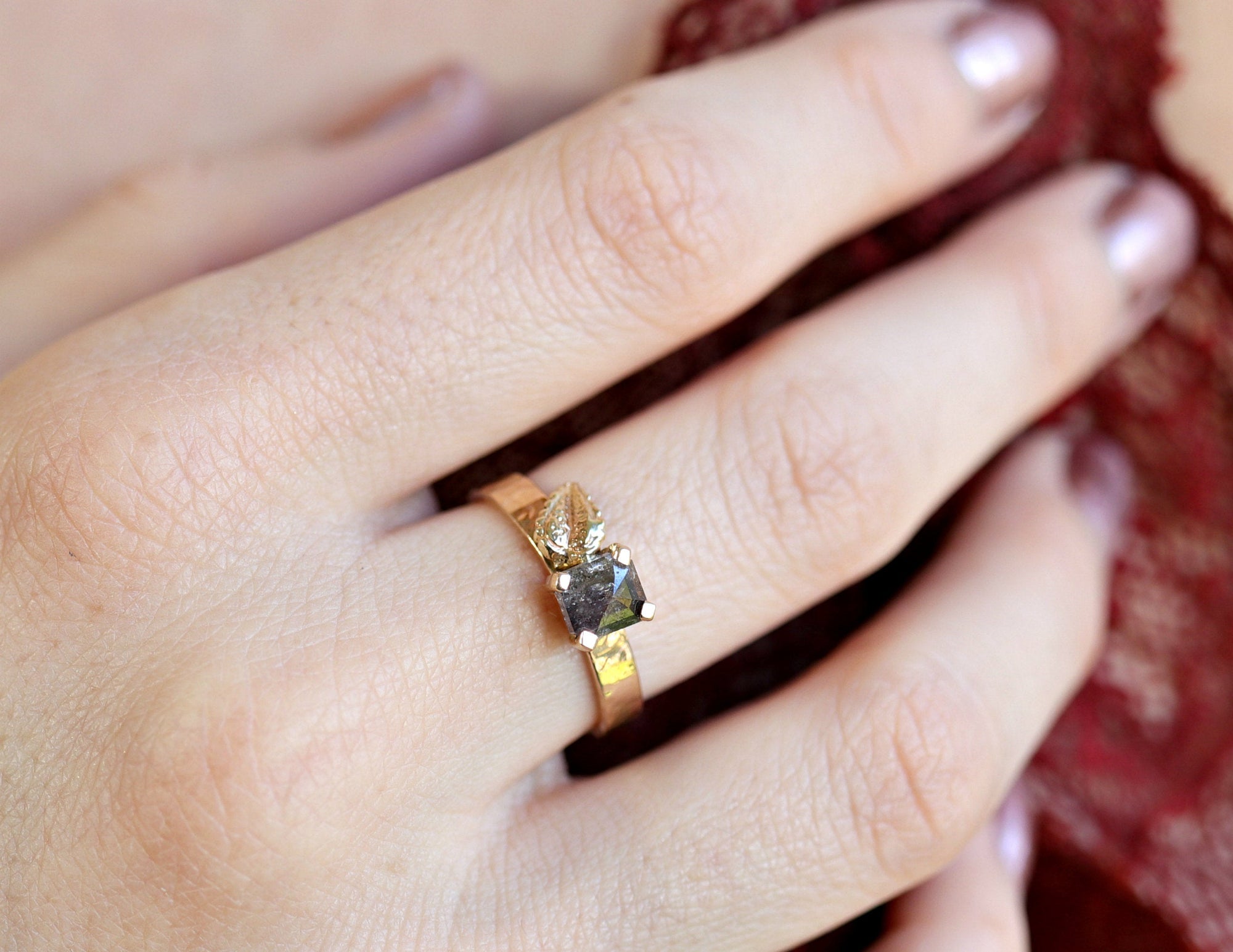 Princess Rose Cut Black Diamond and Leaf Ring