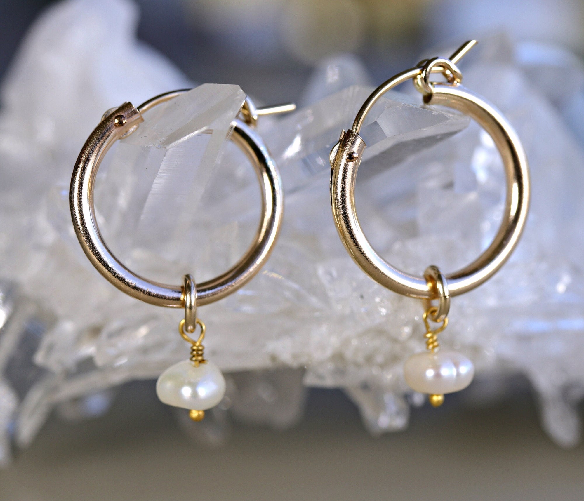 Rose Gold Dangle Hoops with Pearl, Pearl Hoop Earrings