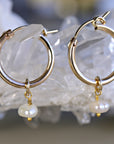 Rose Gold Dangle Hoops with Pearl, Pearl Hoop Earrings