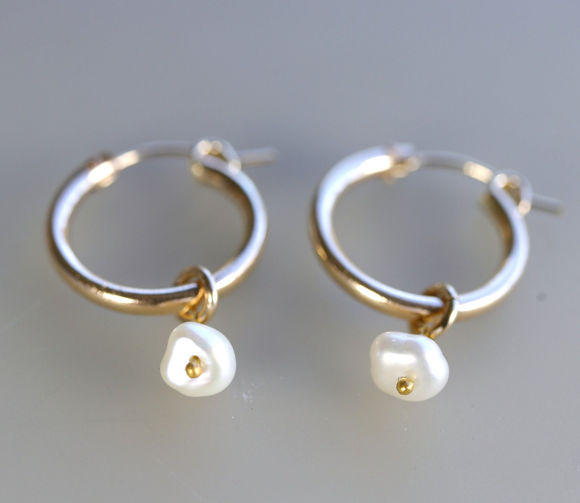 Rose Gold Dangle Hoops with Pearl, Pearl Hoop Earrings