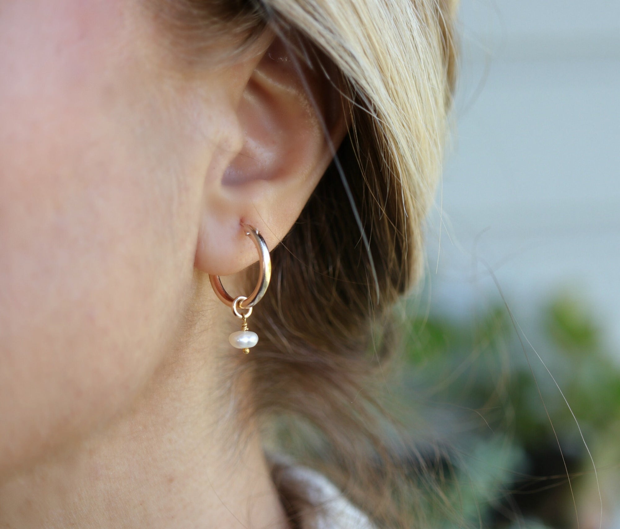 Rose Gold Dangle Hoops with Pearl, Pearl Hoop Earrings