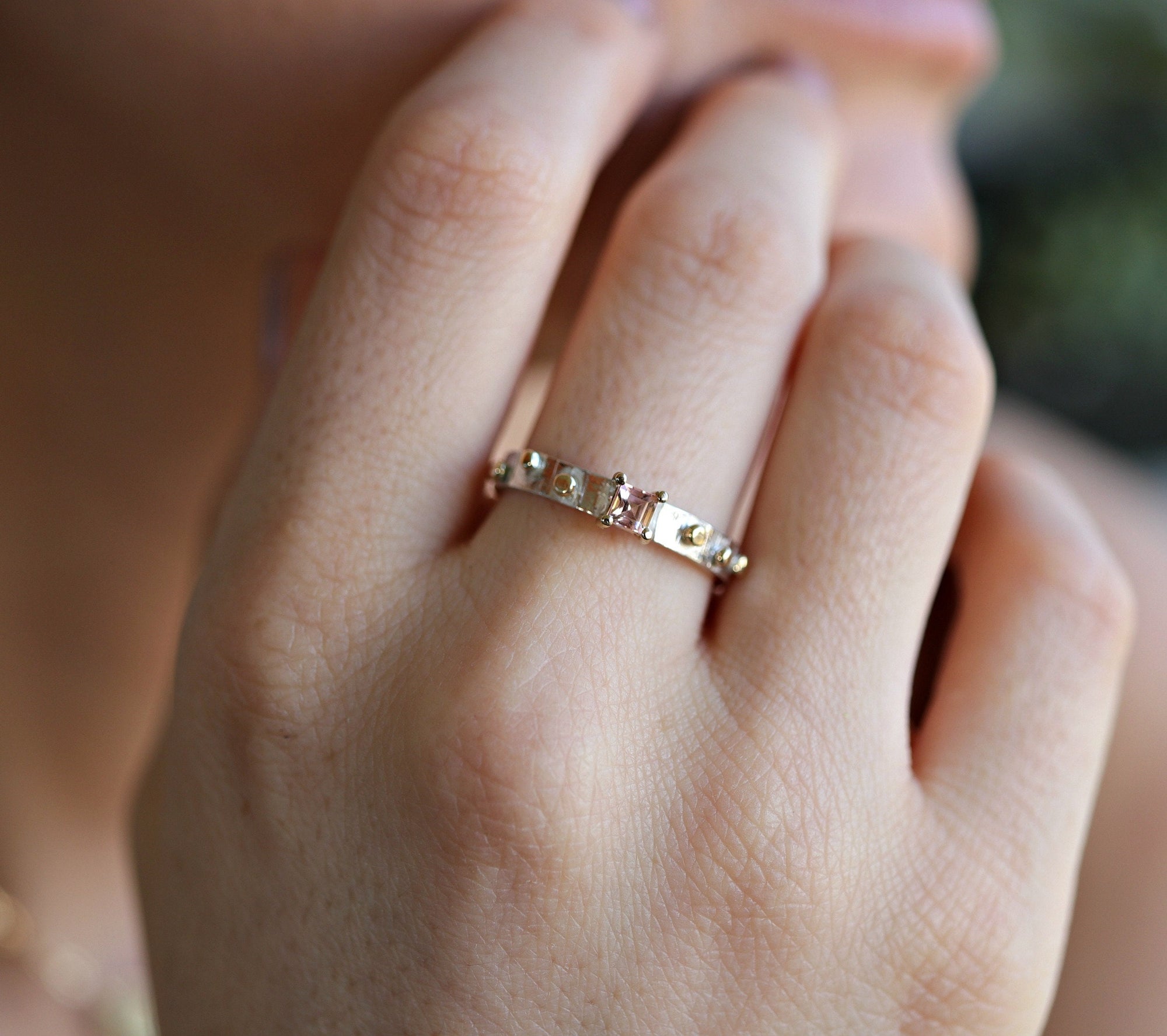 Textured Silver Band and Gold Granule Accents, Pink Tourmaline Ring