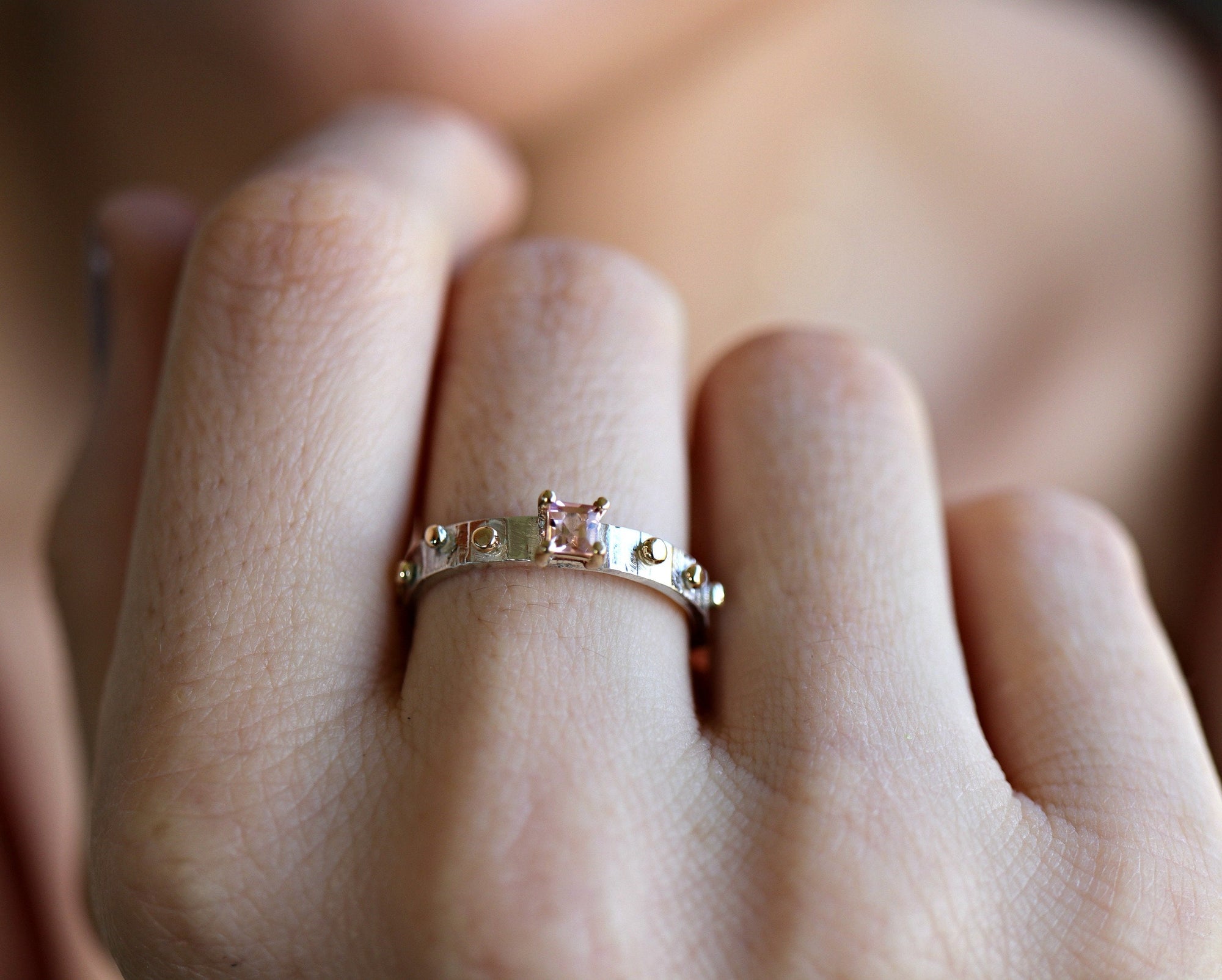 Textured Silver Band and Gold Granule Accents, Pink Tourmaline Ring