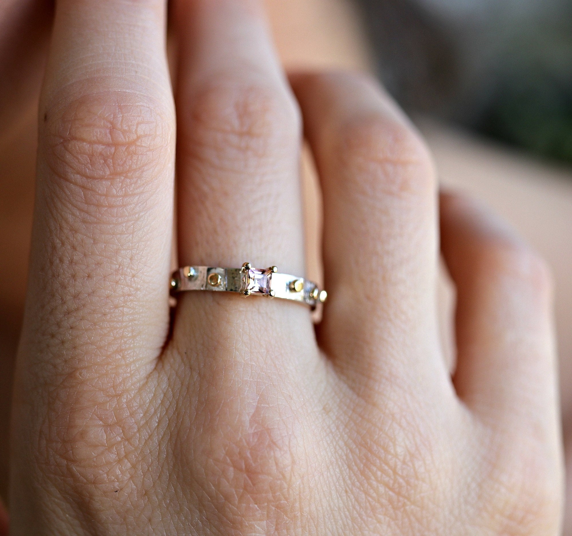 Textured Silver Band and Gold Granule Accents, Pink Tourmaline Ring