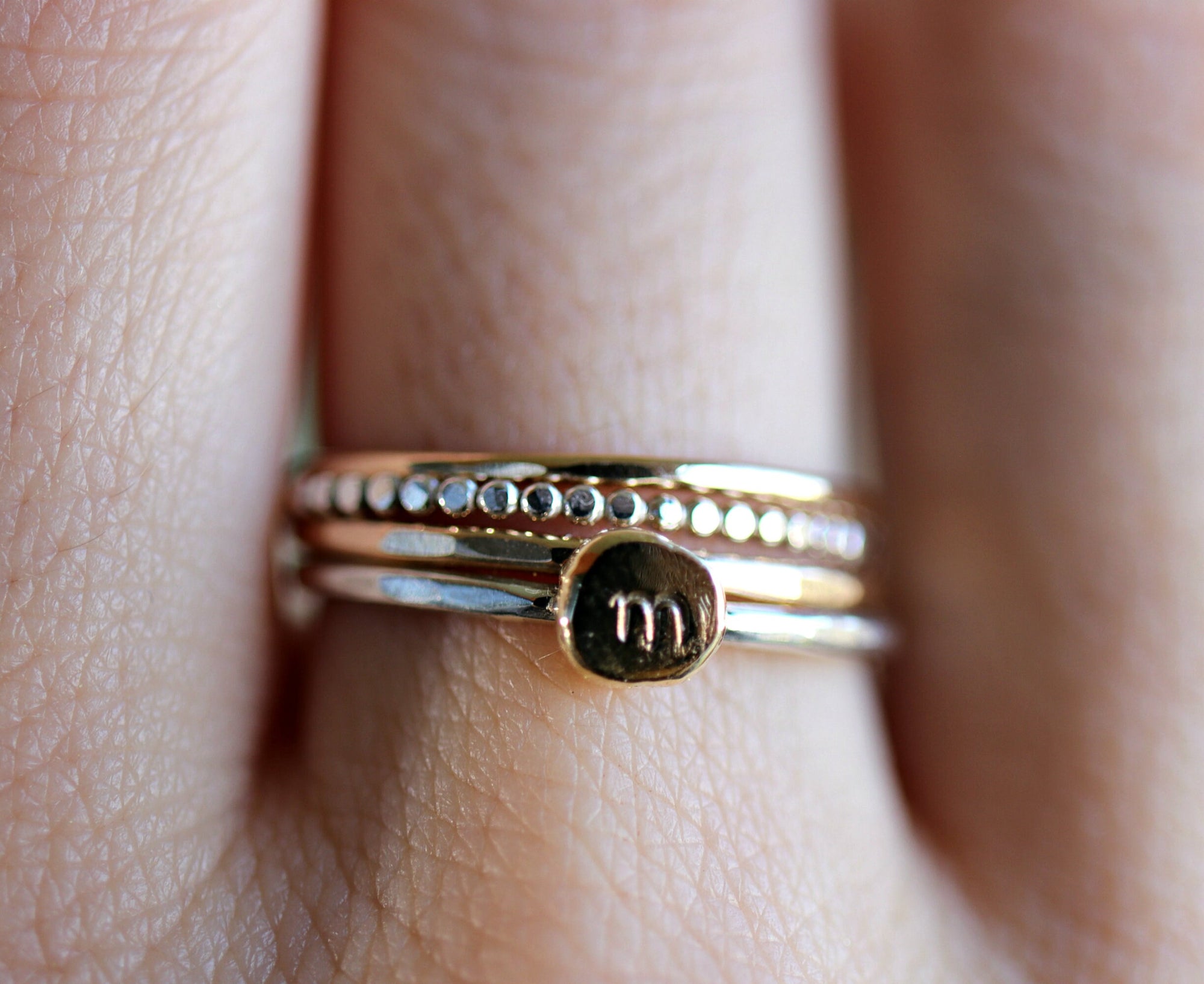 Solid 14k Gold Rustic Pebble Ring, Silver Band Gold Initial Ring