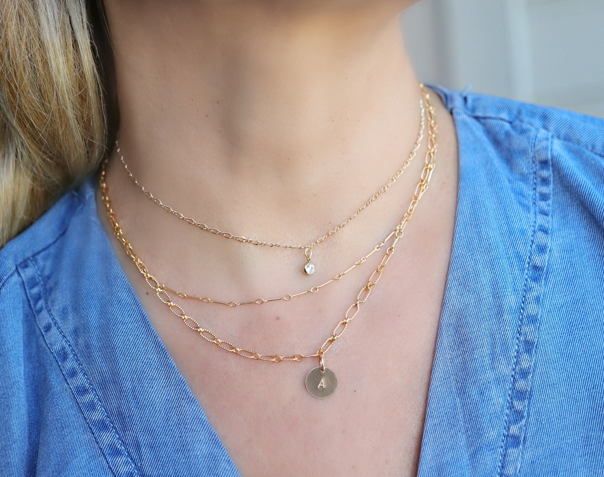 Gold Filled Initial Disc Necklace, Hand Stamped Personalized Coin Necklace with Cable Chain