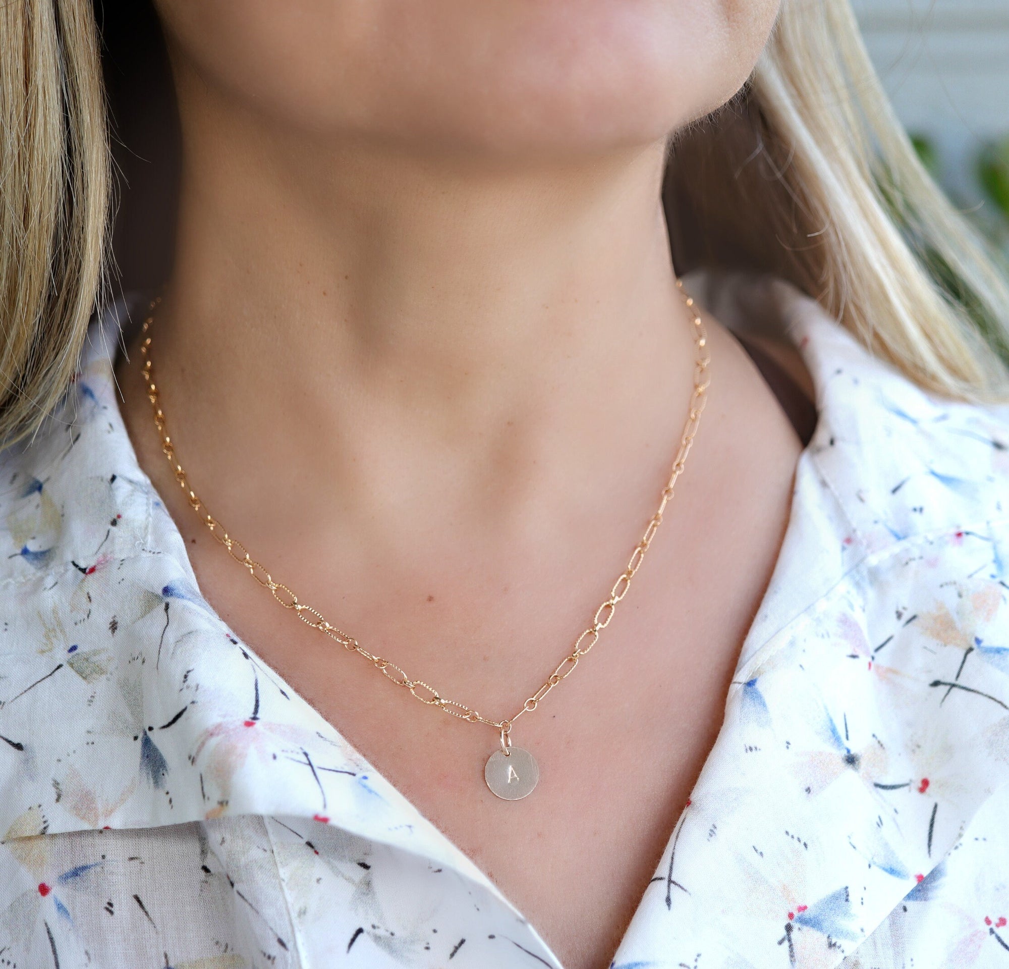 Gold Filled Initial Disc Necklace, Hand Stamped Personalized Coin Necklace with Cable Chain