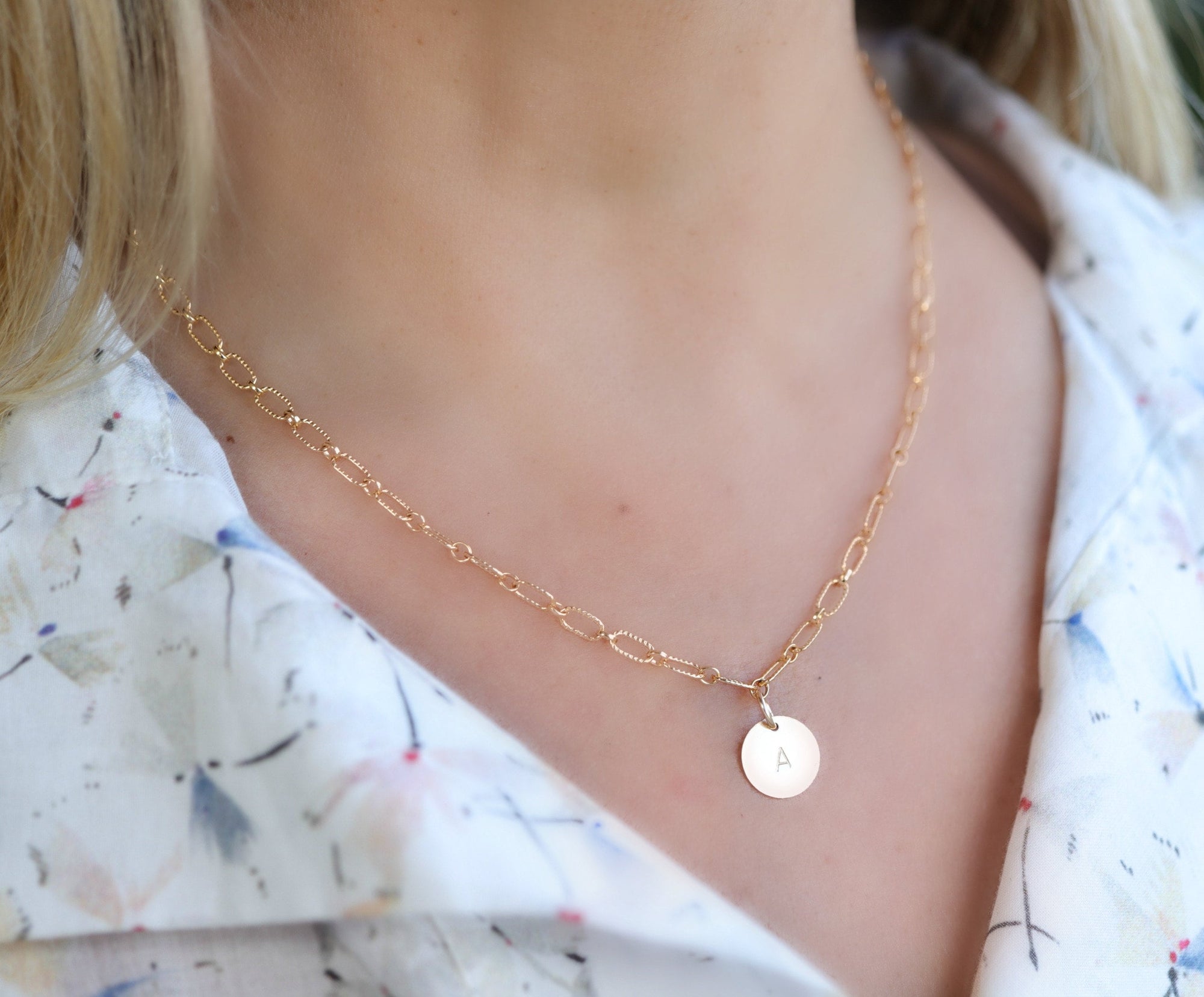 Gold Filled Initial Disc Necklace, Hand Stamped Personalized Coin Necklace with Cable Chain