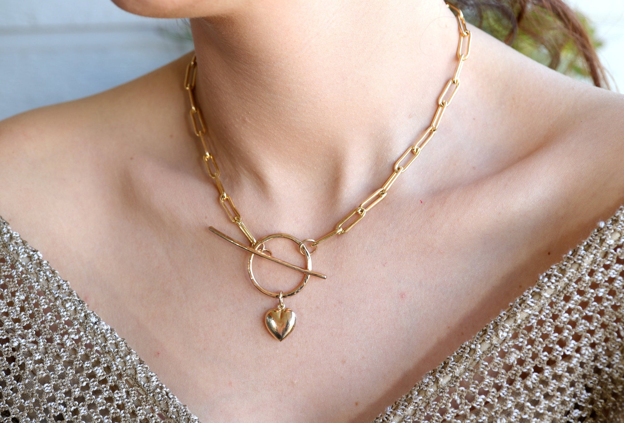 Gold Toggle Chunky Thick Chain Necklace With Puffy Heart