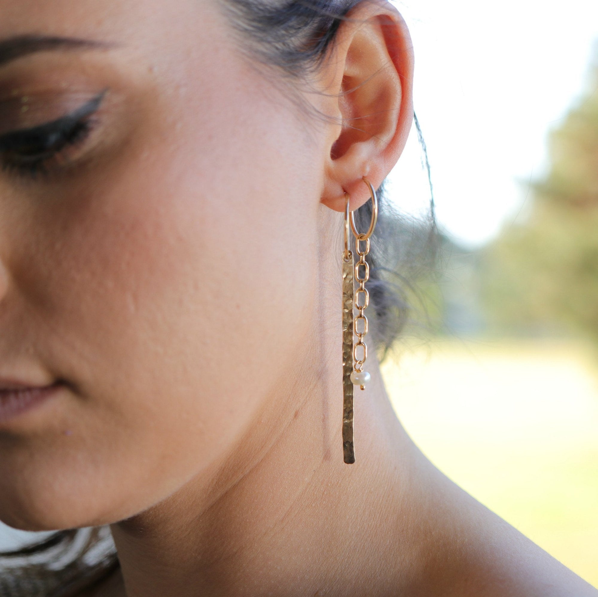 Hammered Gold Long Bar Earrings