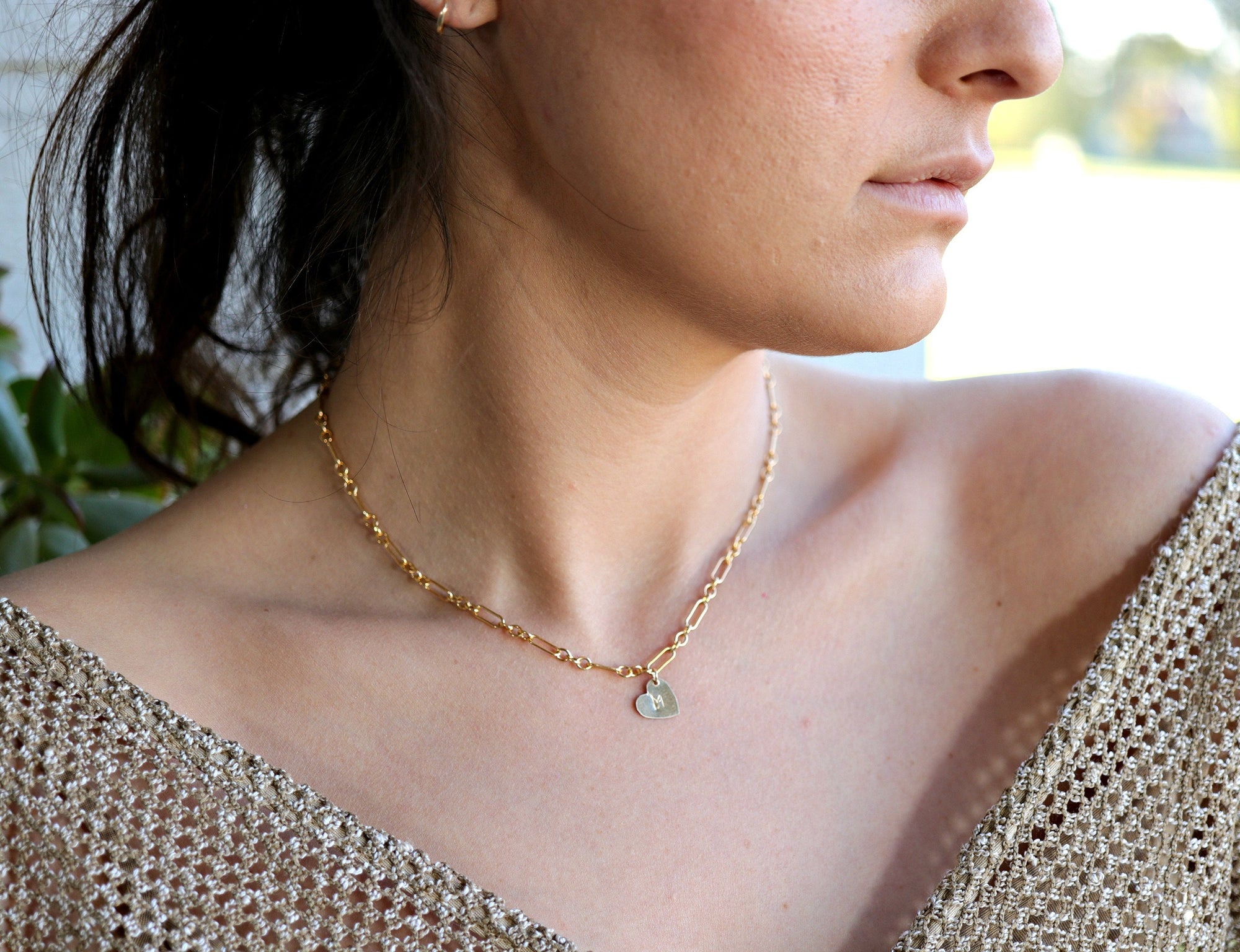 Personalized Heart Gold Chain Necklace, Initial Gold Filled Layering Necklace