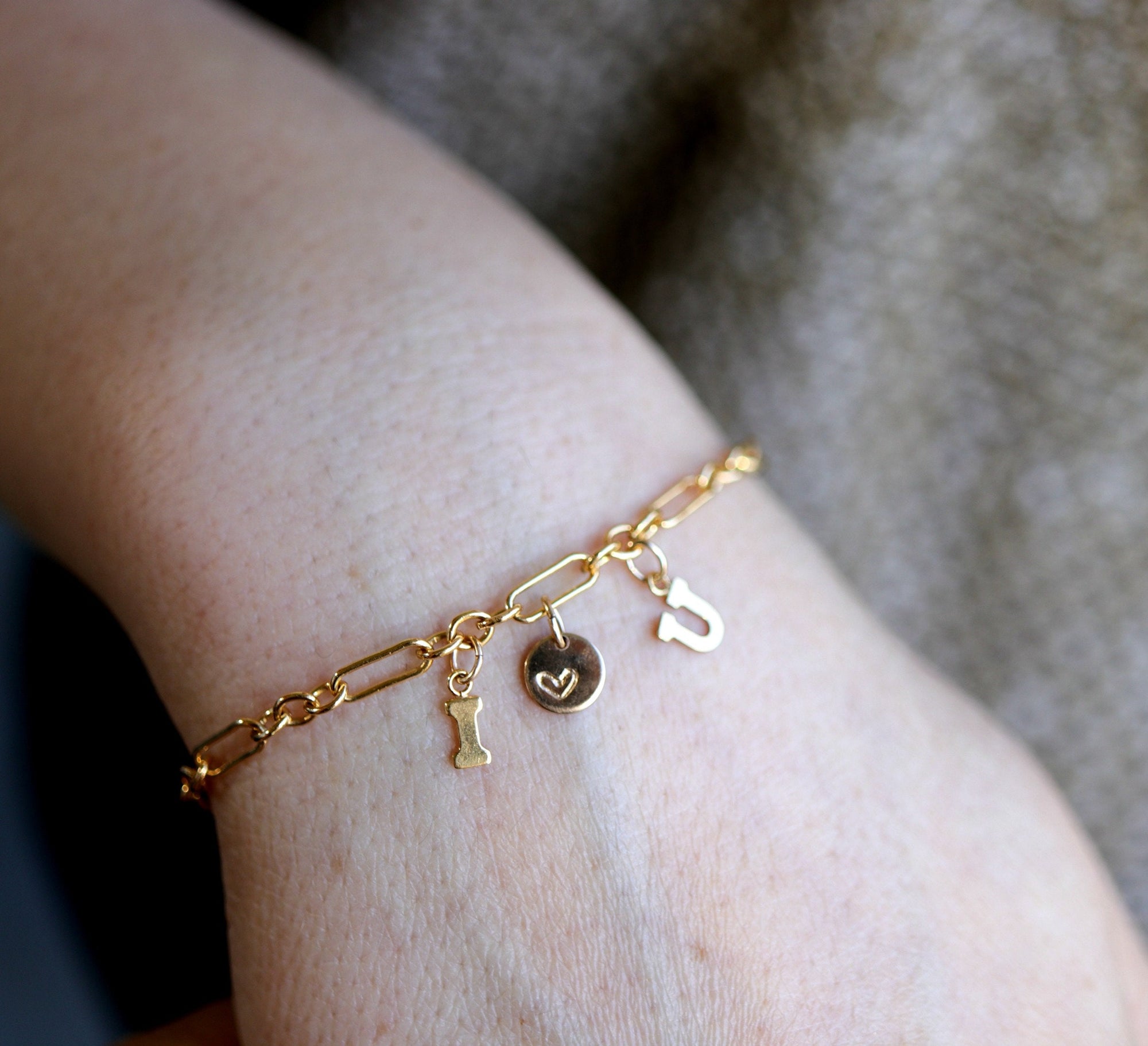 Dainty Gold Initials and Heart Chain Bracelet