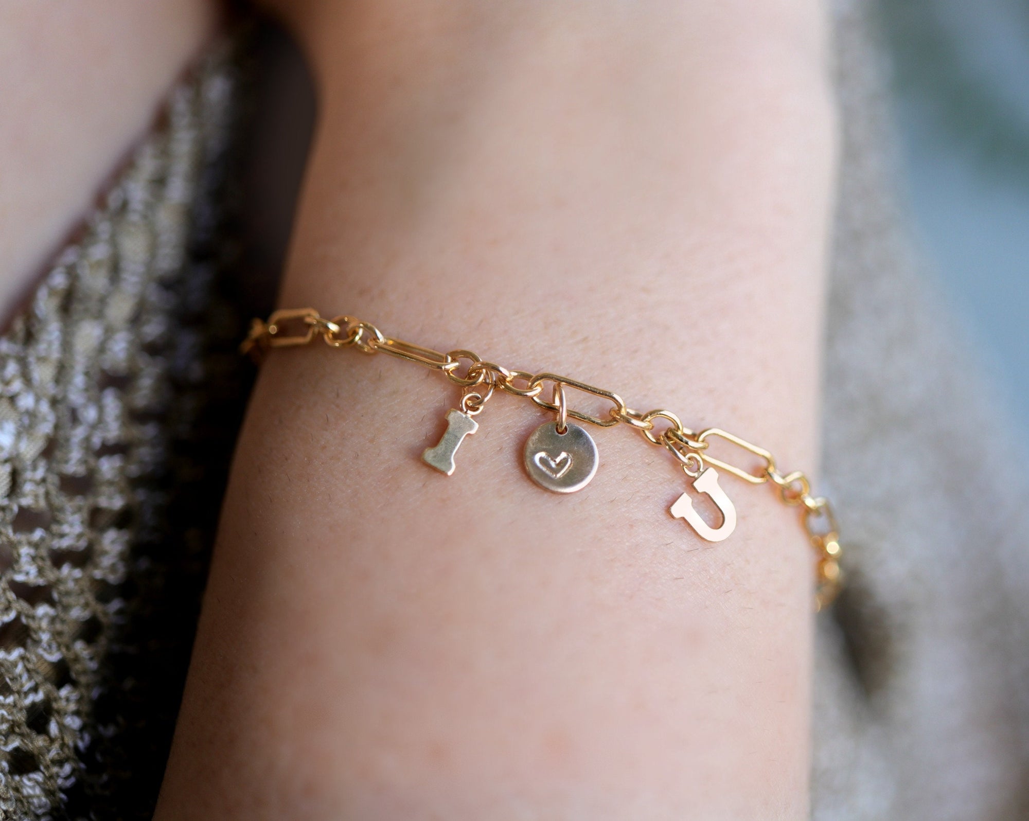 Dainty Gold Initials and Heart Chain Bracelet