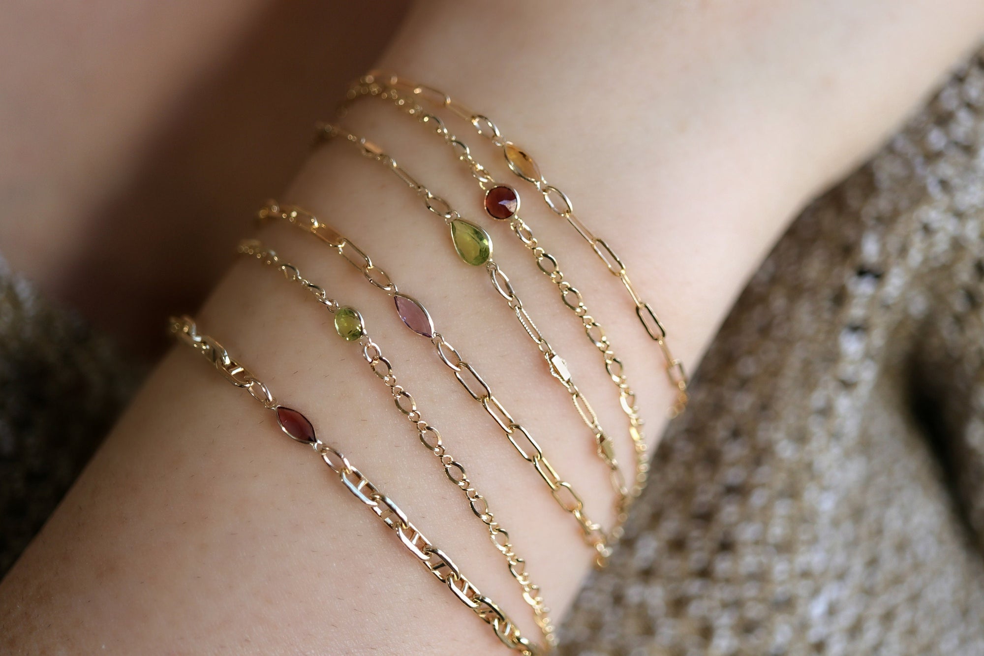 Gold Delicate Chain Birthstone Stacking Bracelet