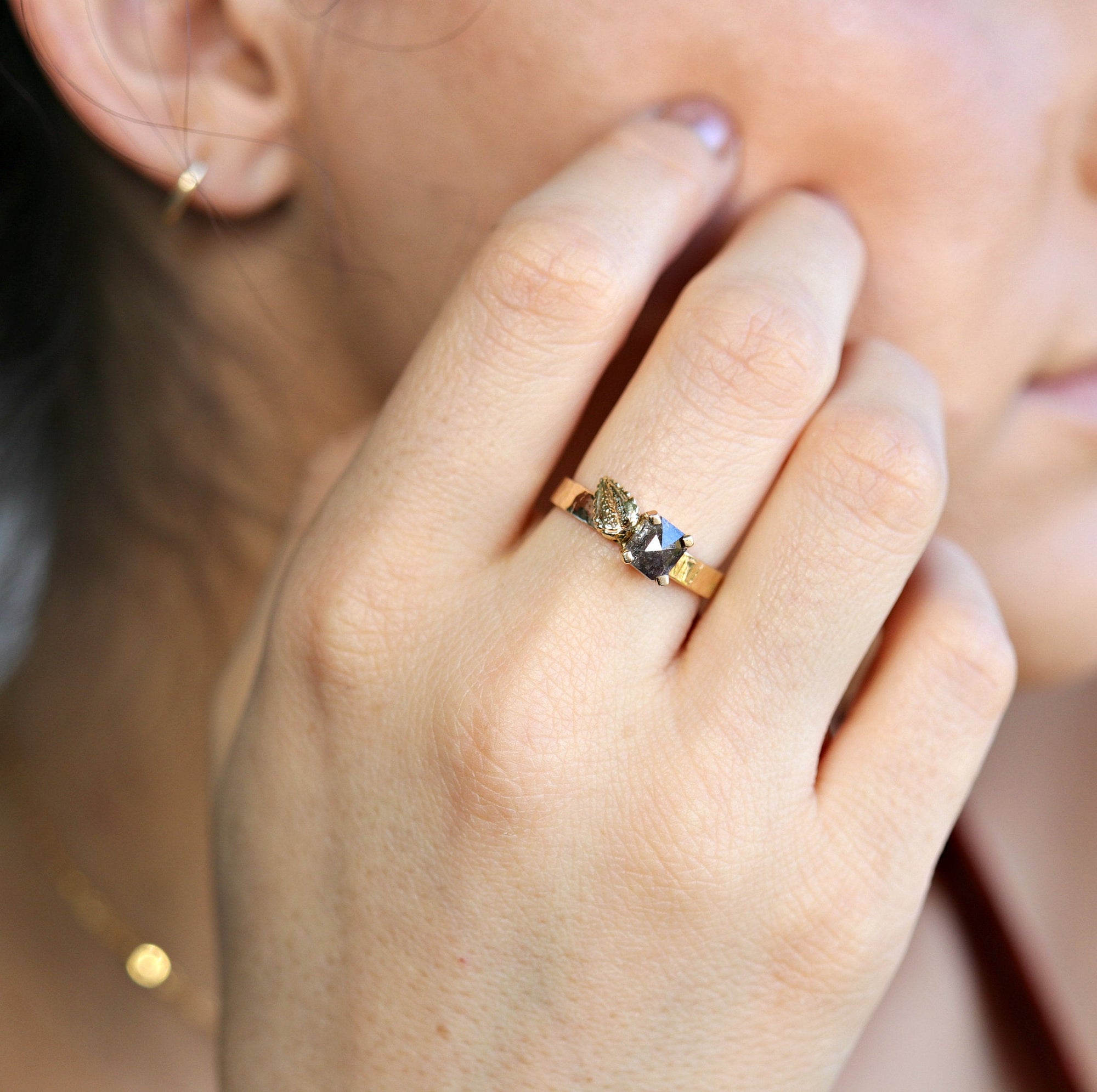 Princess Rose Cut Black Diamond and Leaf Ring