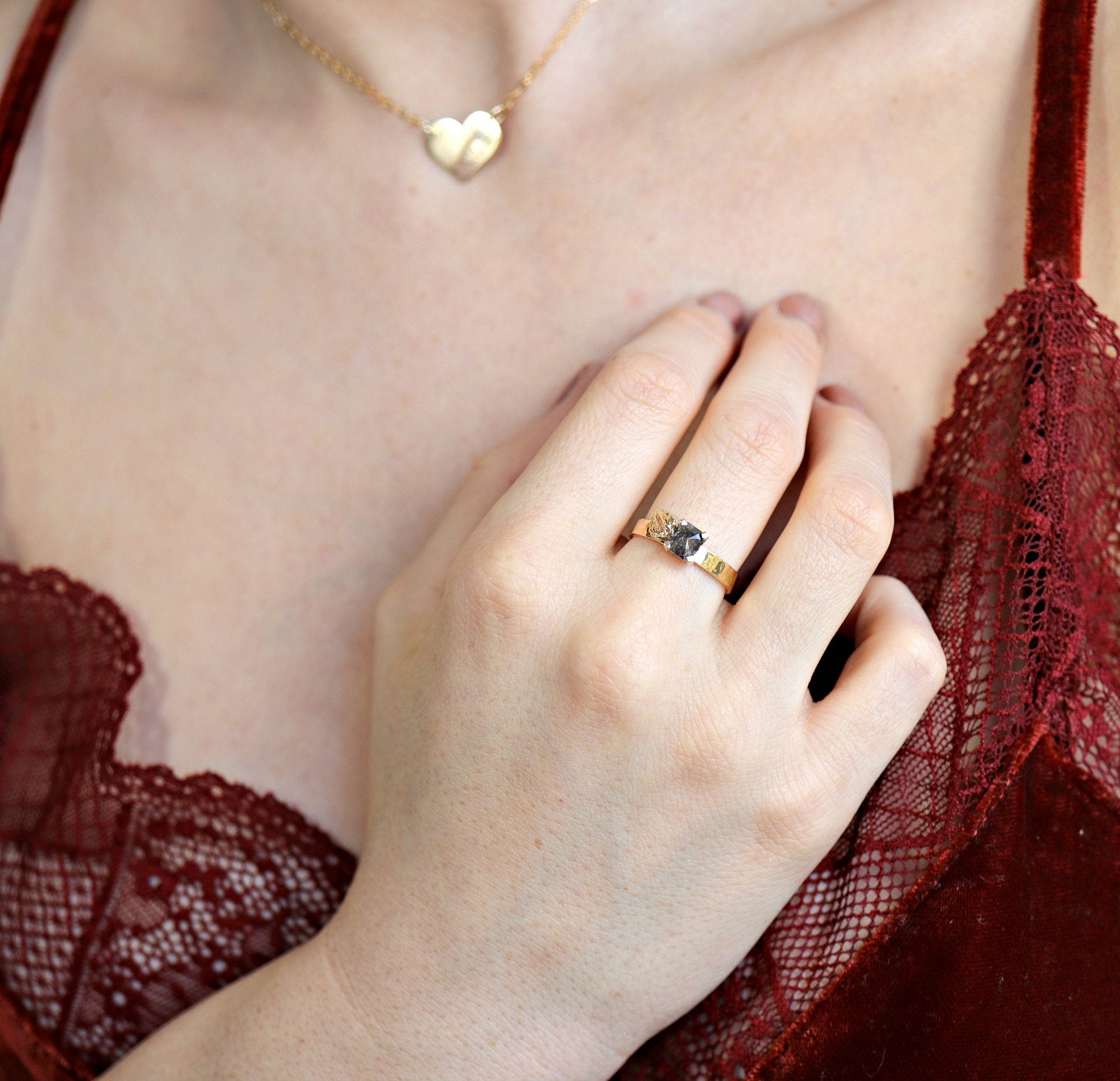 Princess Rose Cut Black Diamond and Leaf Ring