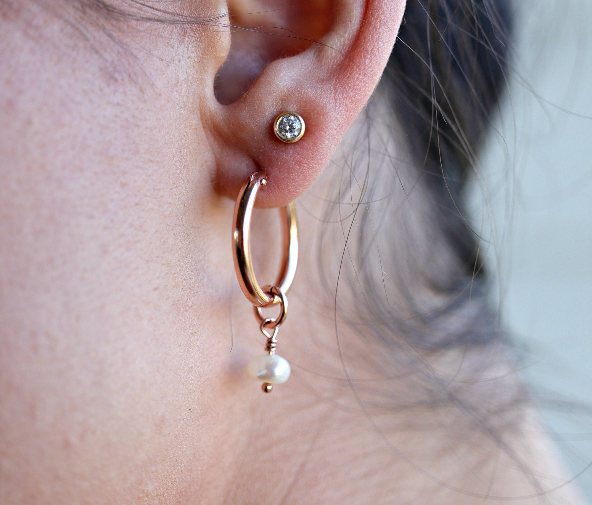 Rose Gold Dangle Hoops with Pearl, Pearl Hoop Earrings