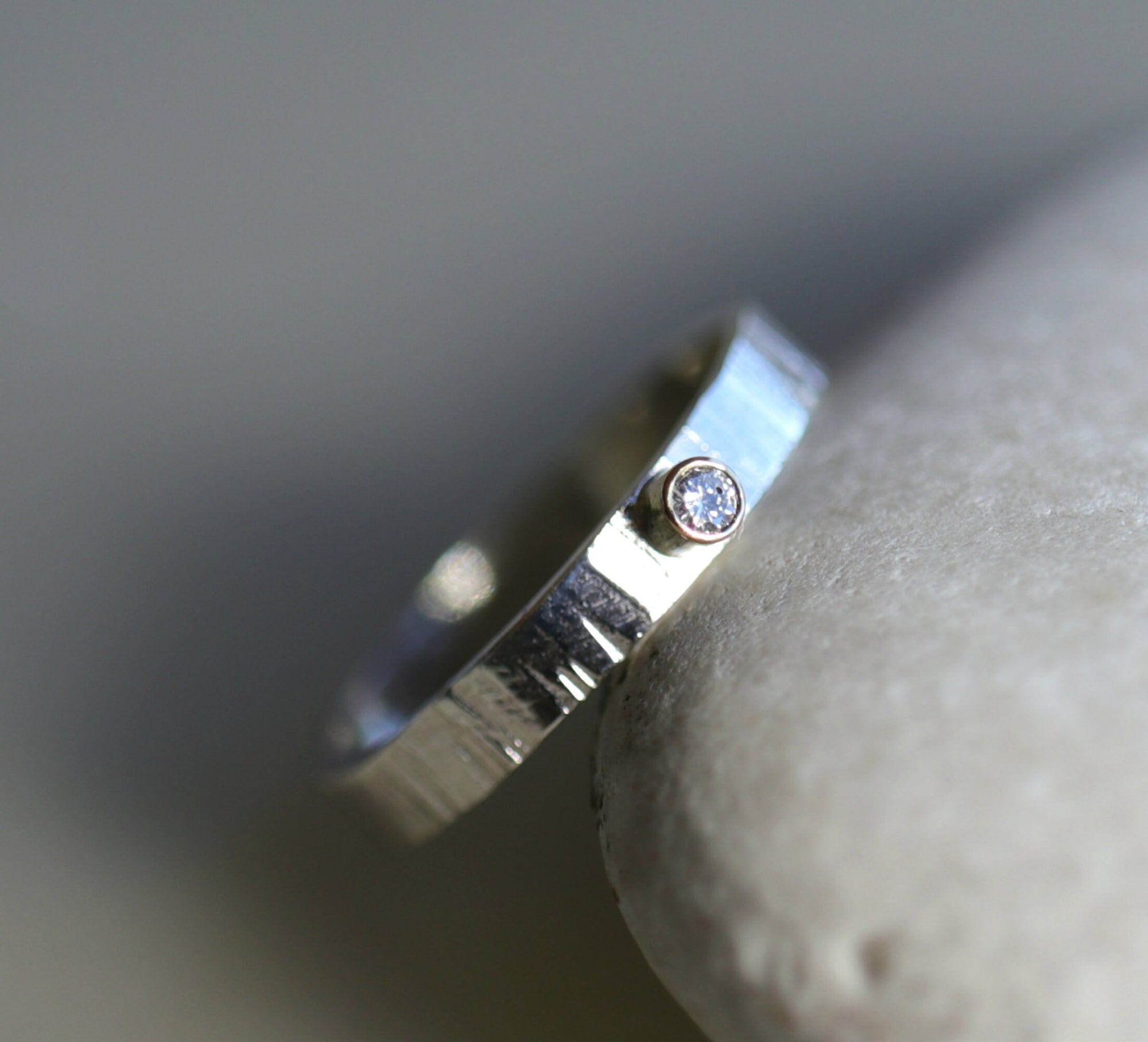 Hammered Silver Band Diamond Ring, Mixed Metal Ring