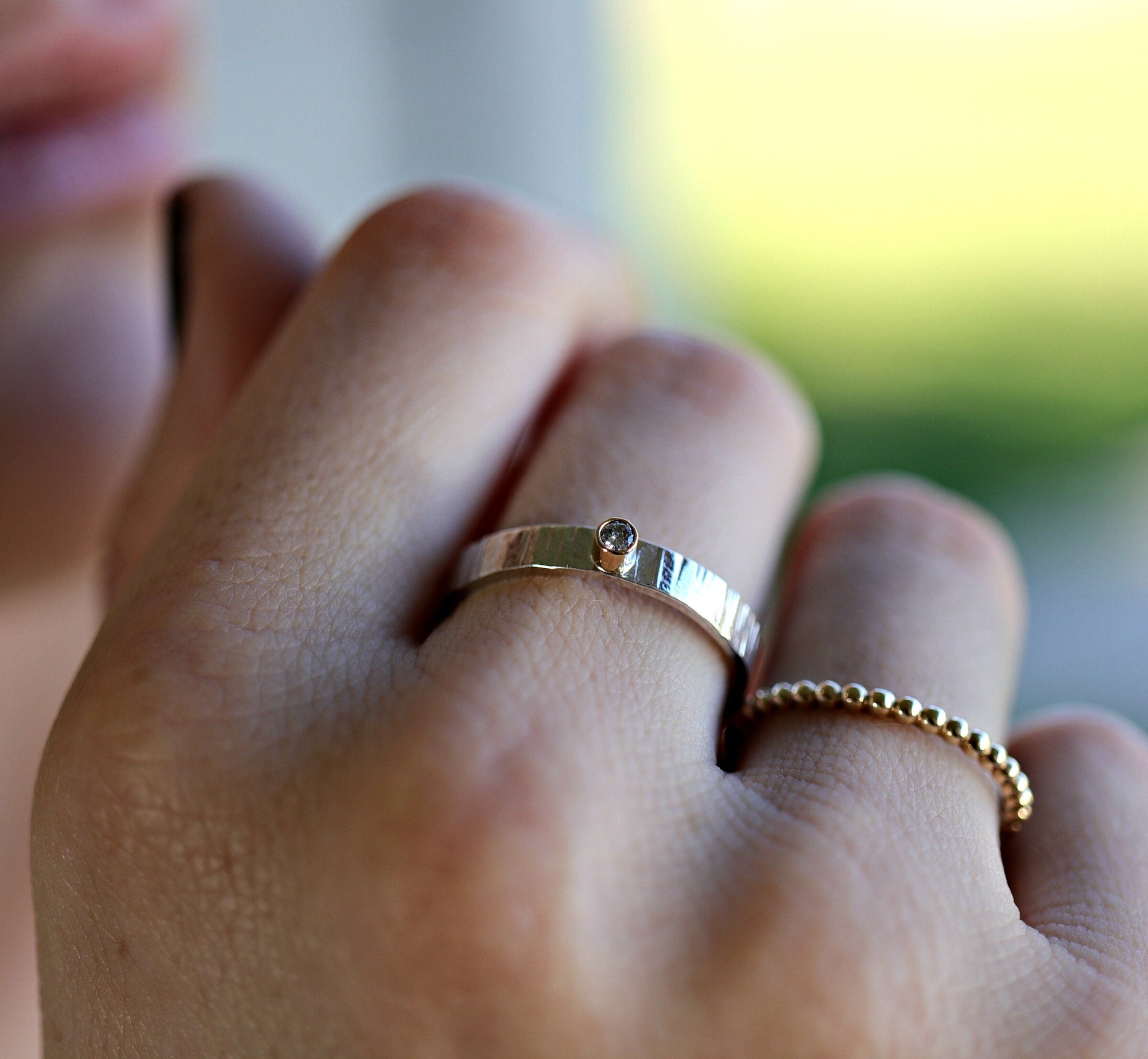 Hammered Silver Band Diamond Ring, Mixed Metal Ring