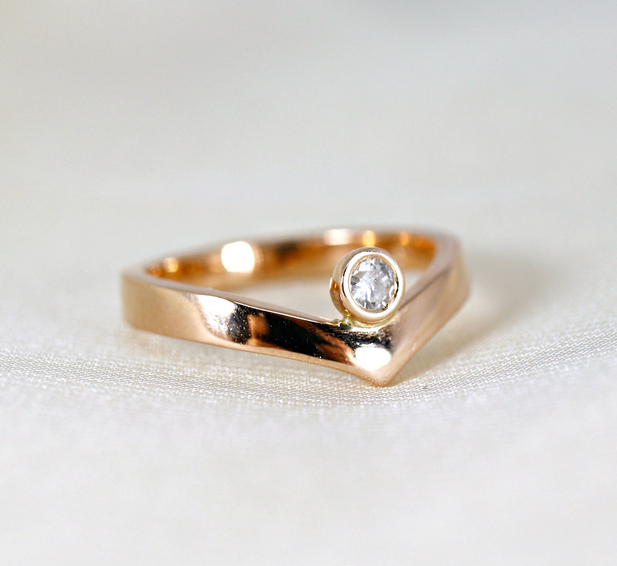 Rose Gold Diamond Engagement Ring, Chevron Wedding Band