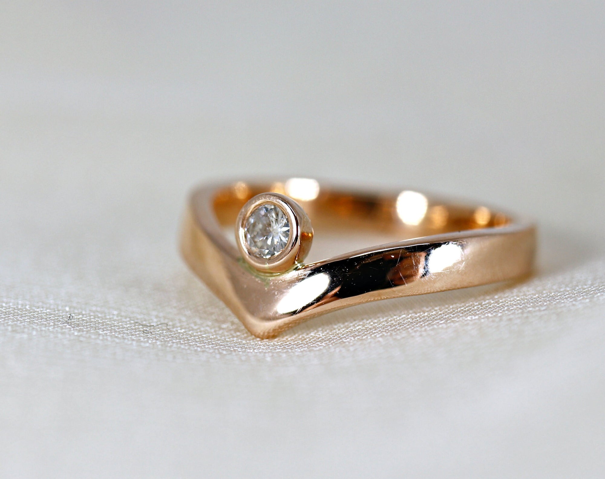 Rose Gold Diamond Engagement Ring, Chevron Wedding Band