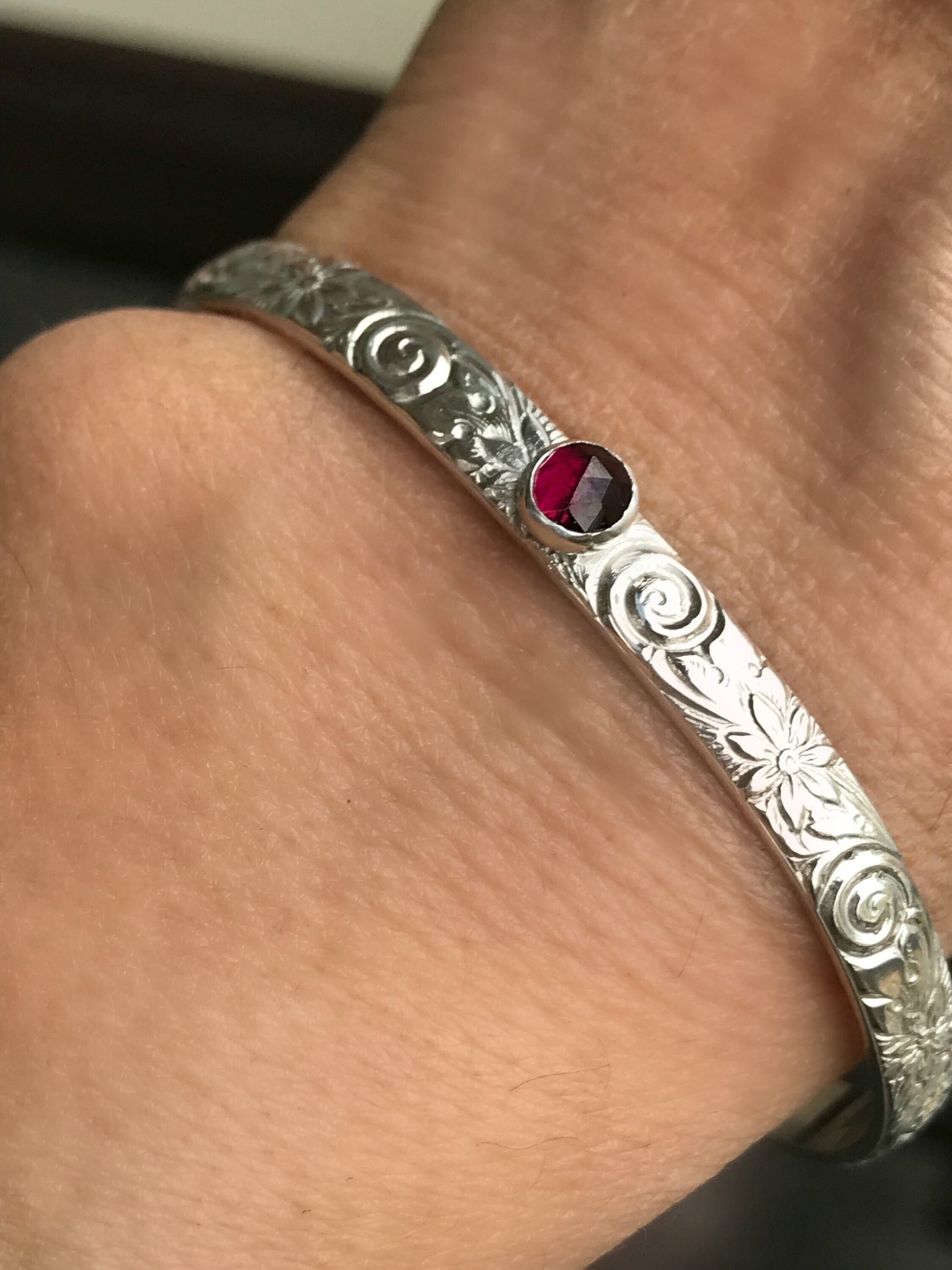 Garnet Cuff Bracelet, Floral Sterling Silver Band