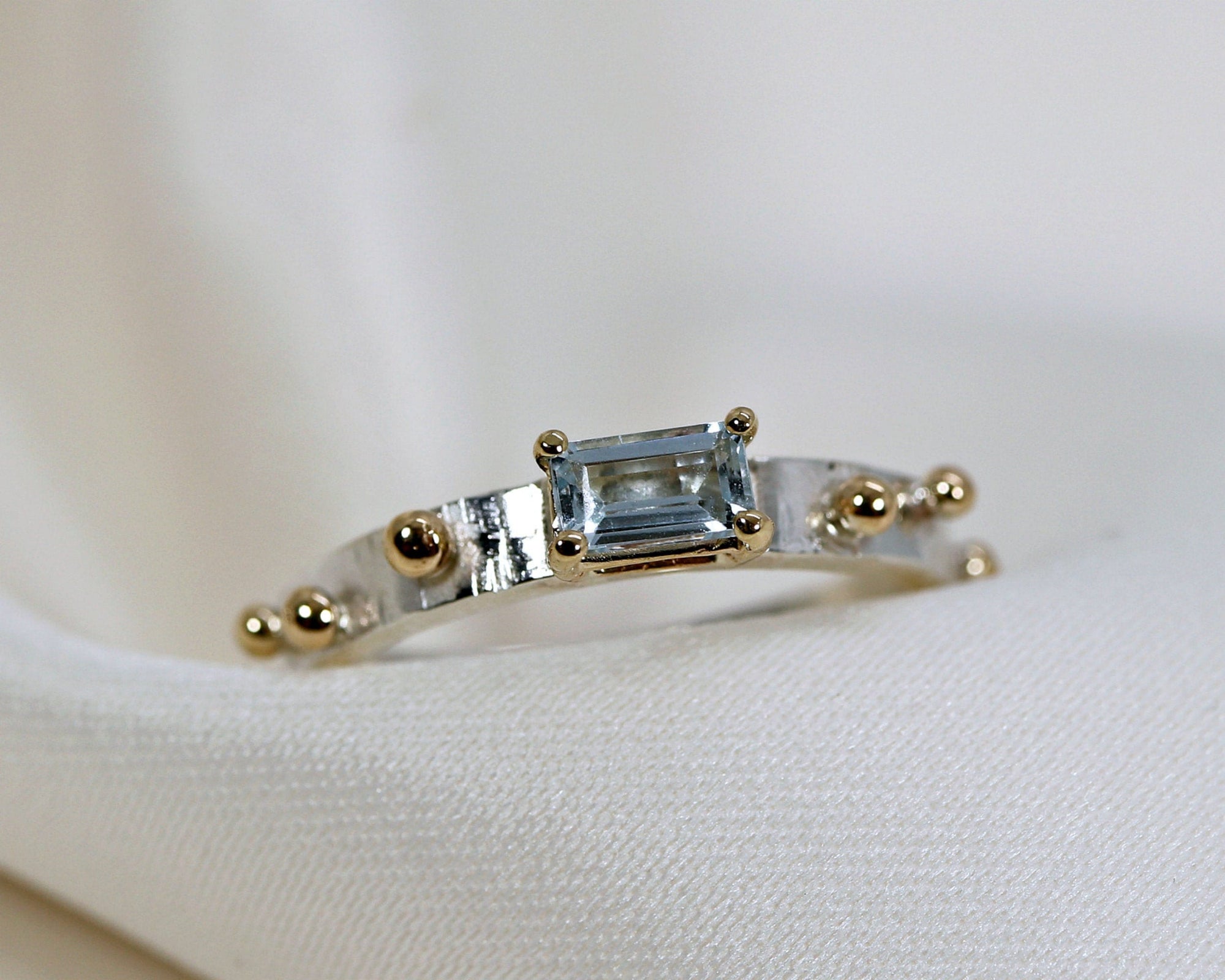 Mixed Metal Emerald Cut Aquamarine Ring, Art Deco Eternity Band