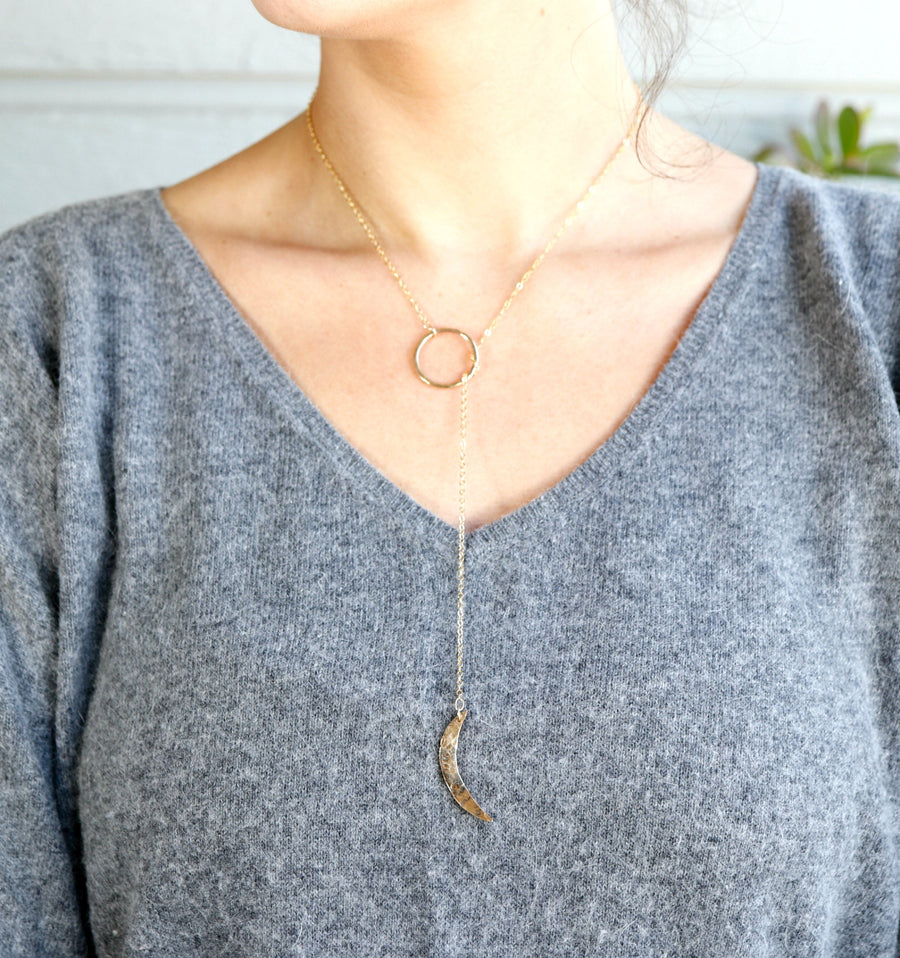 Gold Sun and Moon Lariat Necklace