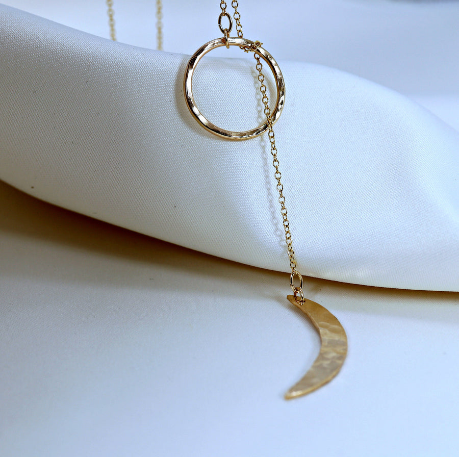 Sun and Moon Necklace, Gold Lariat Necklace, Moon Phase Necklace, Crescent Moon Necklace, Y Necklace, Celestial Jewelry, Half Moon Necklace