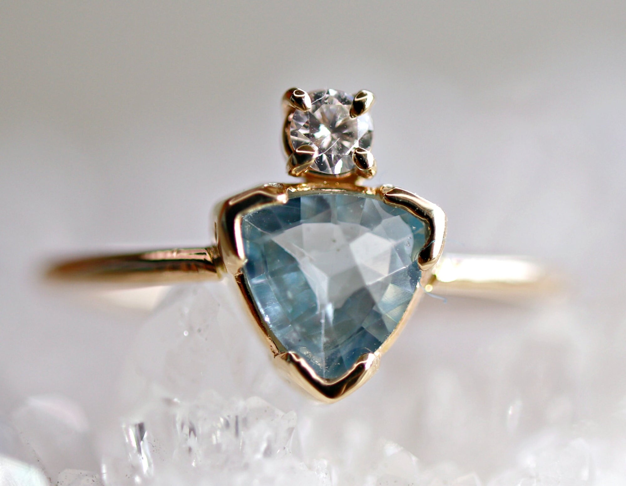 Trillion Cut Aquamarine and Diamond Ring in 14k White Gold or Yellow Gold