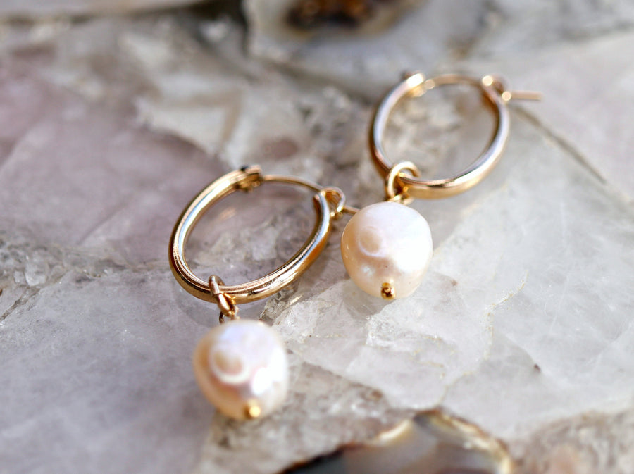 Pearl Hoop Earrings, Gold Filled Oval Hoop Earrings with Baroque Pearls