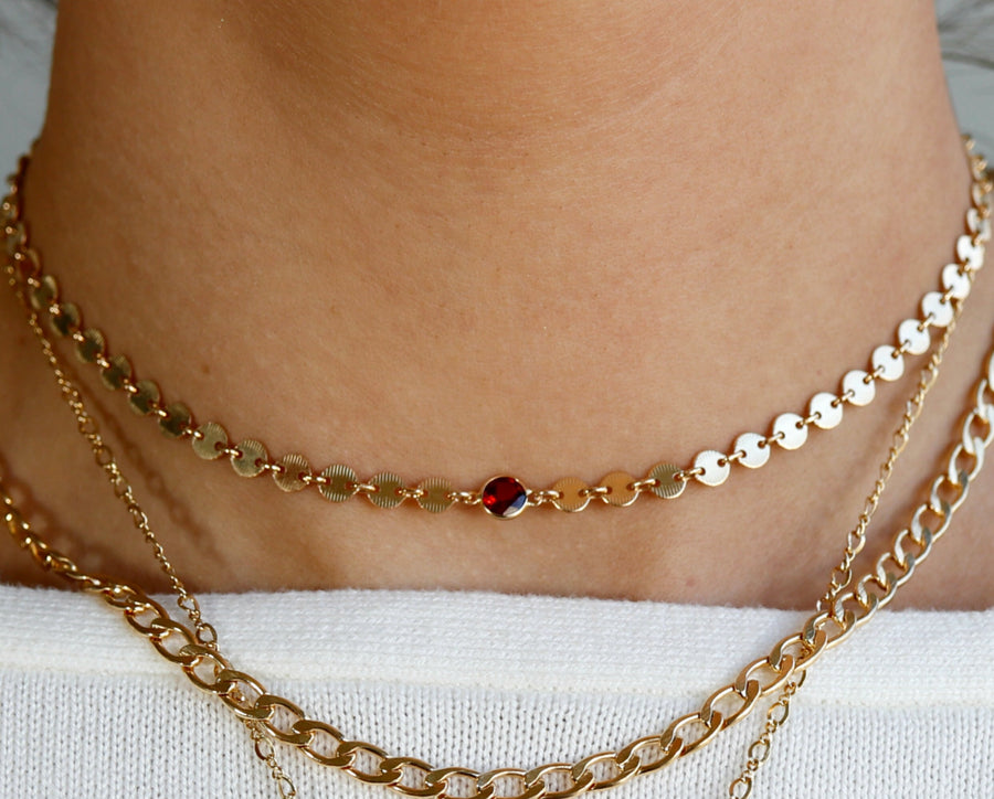 Gold Coin Chain Garnet Necklace, Garnet Choker