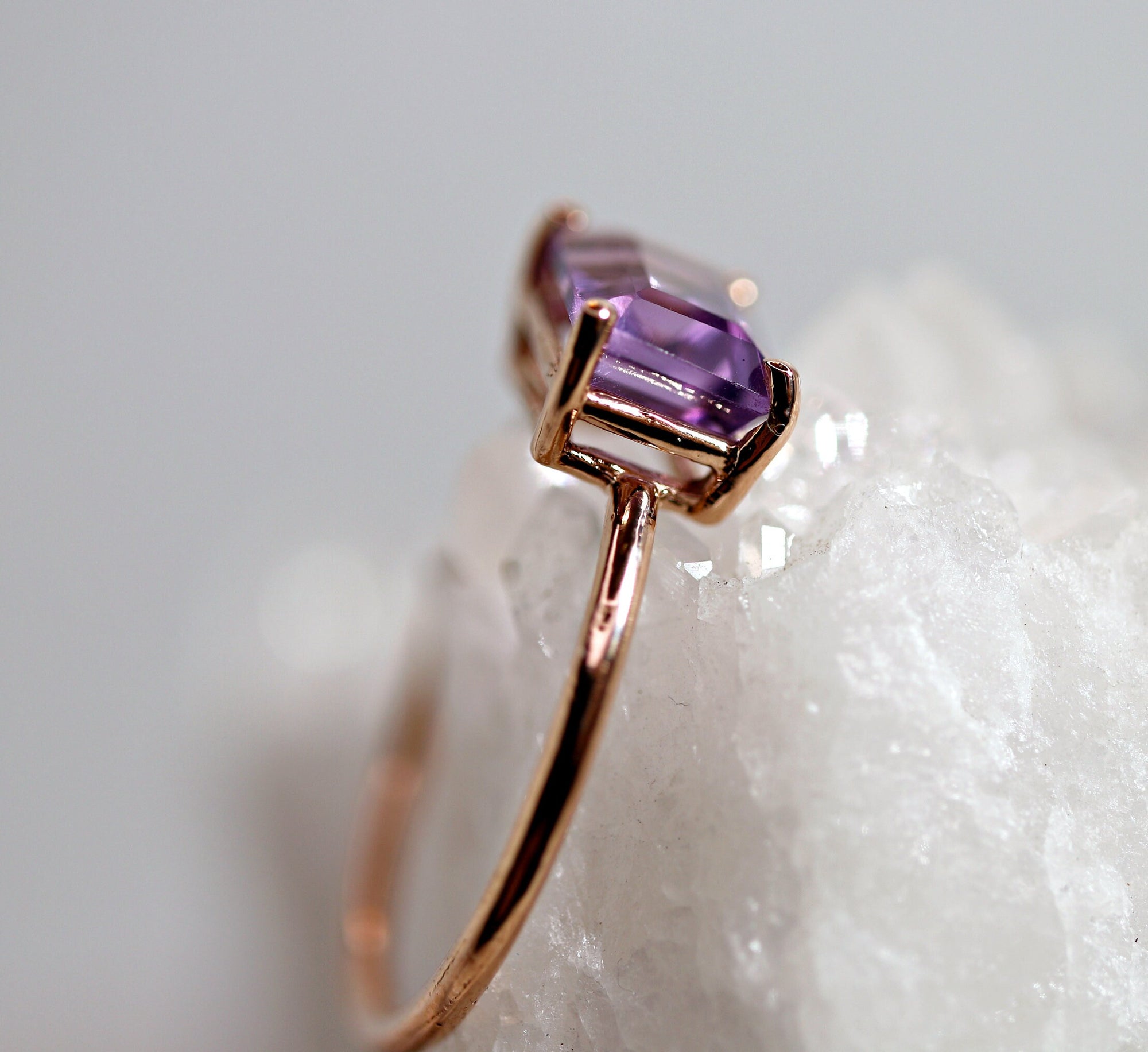 Emerald Cut Amethyst Ring in 14k Rose Gold or Yellow Gold