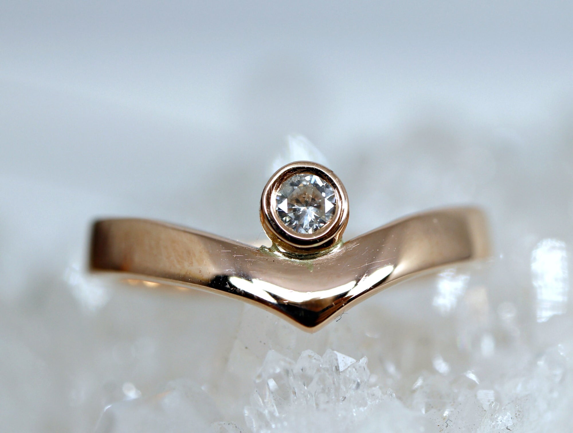 Rose Gold Diamond Engagement Ring, Chevron Wedding Band