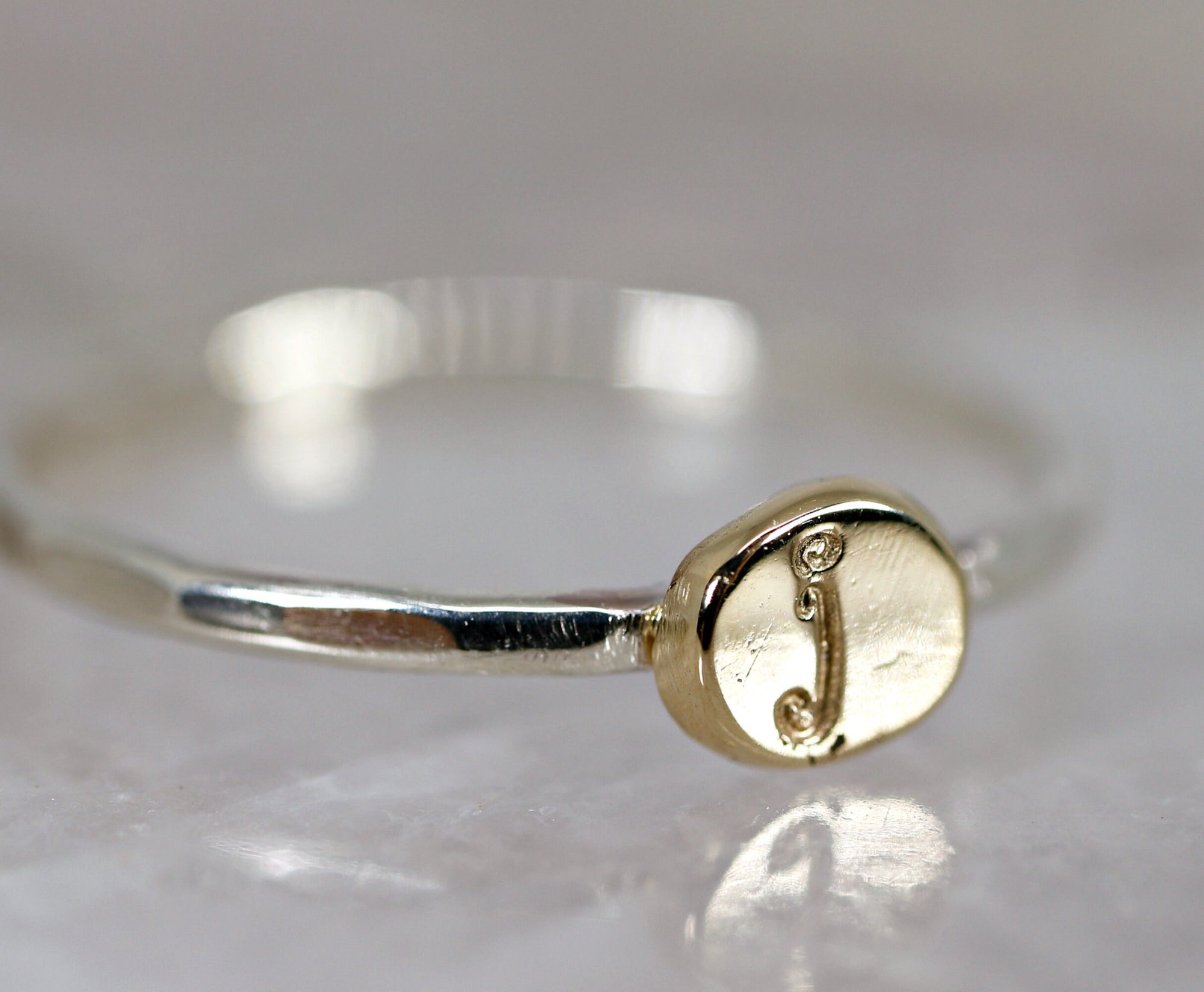 Solid 14k Gold Rustic Pebble Ring, Silver Band Gold Initial Ring