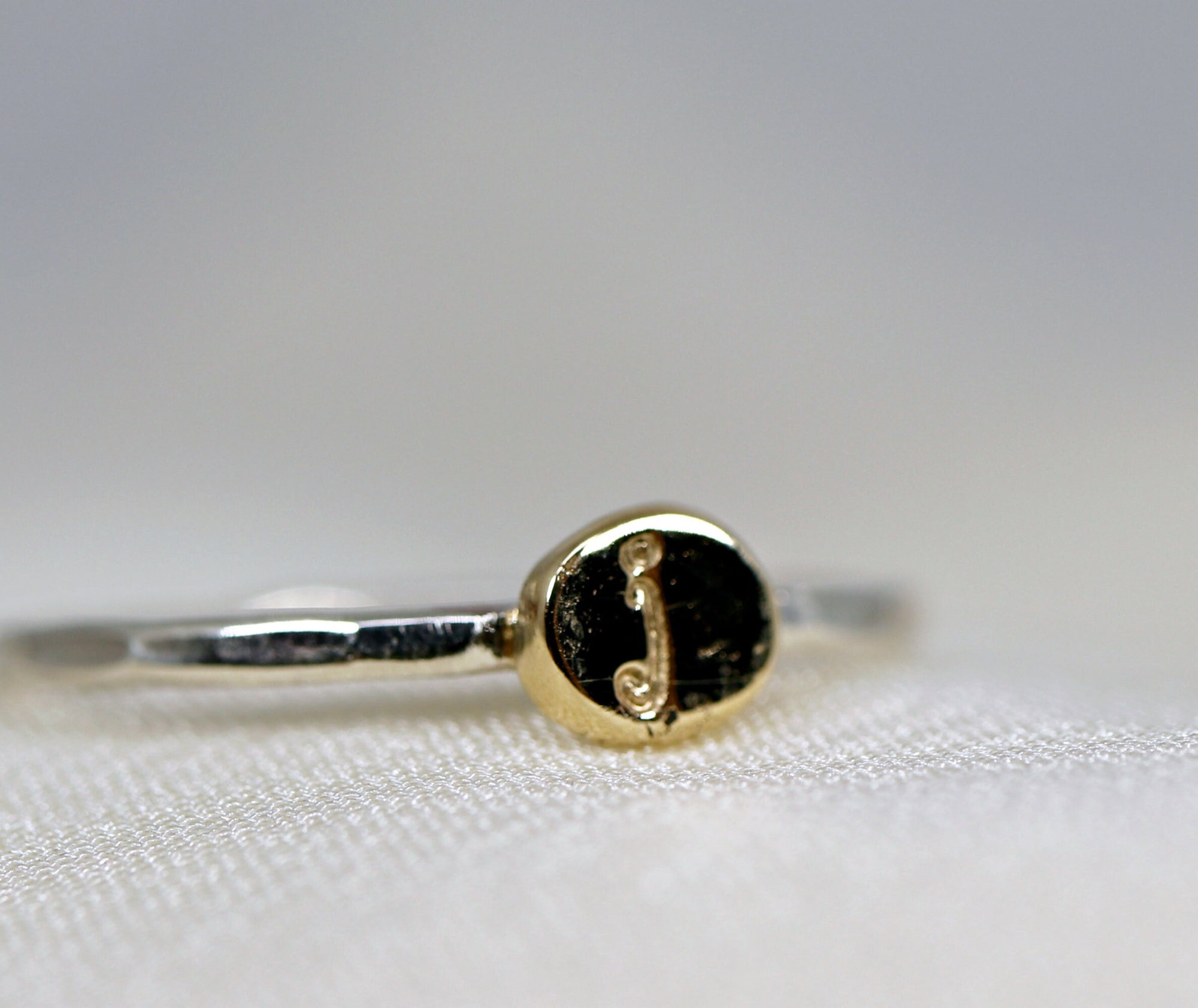 Solid 14k Gold Rustic Pebble Ring, Silver Band Gold Initial Ring