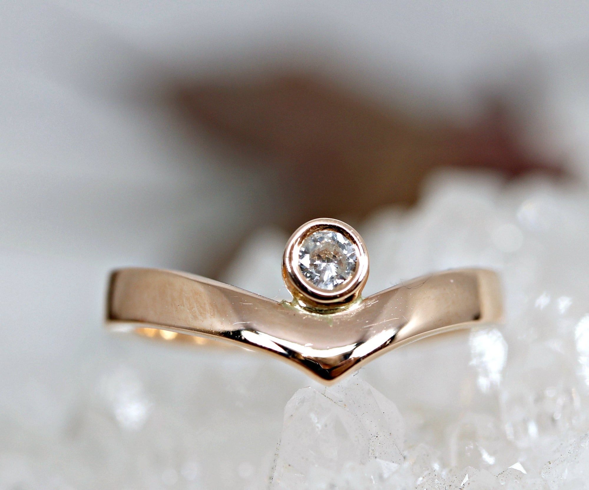 Rose Gold Diamond Engagement Ring, Chevron Wedding Band