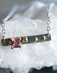 Sterling Silver Bar Pink Tourmaline Necklace with 14k Gold Dots Necklace