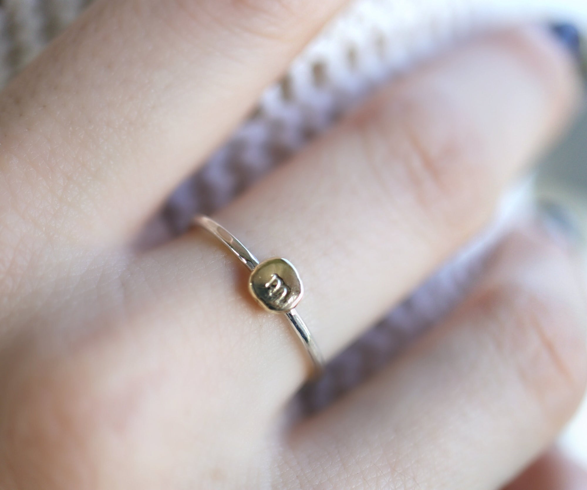 Solid 14k Gold Rustic Pebble Ring, Silver Band Gold Initial Ring