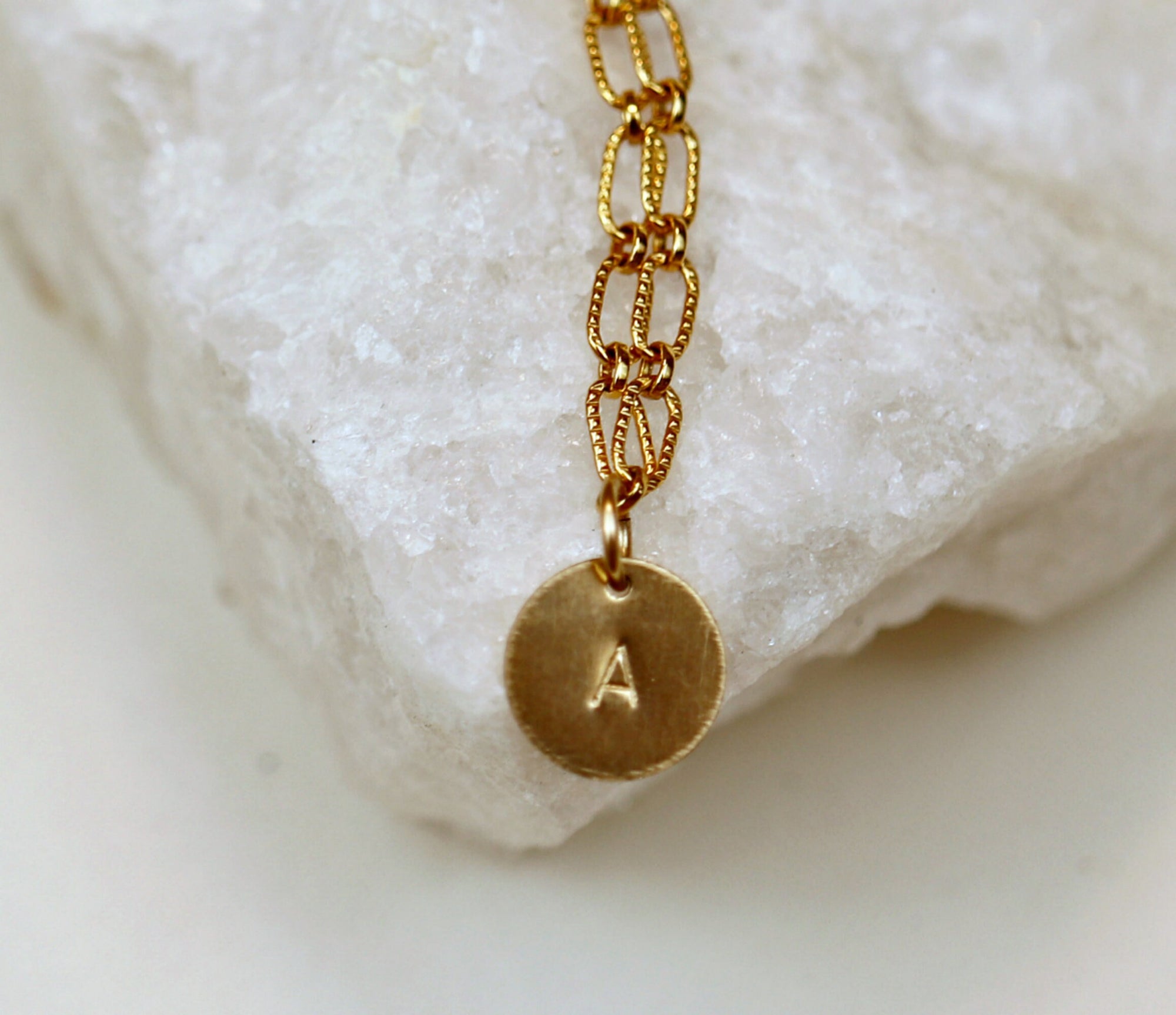 Gold Filled Initial Disc Necklace, Hand Stamped Personalized Coin Necklace with Cable Chain