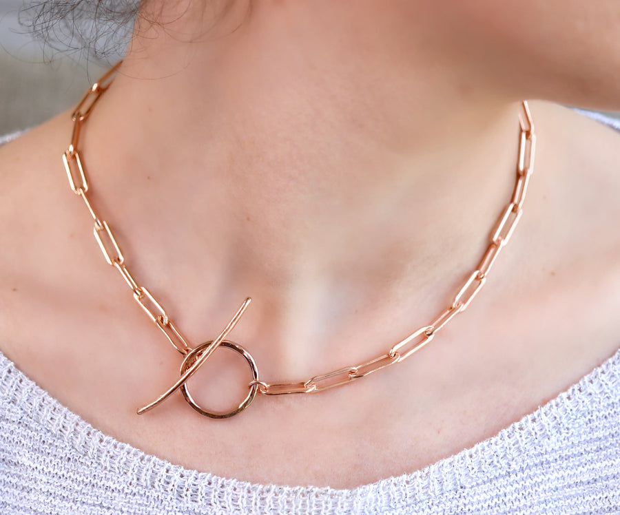Rose Gold Toggle Necklace with Thick Elongated Rectangle Rose Gold Filled Chain